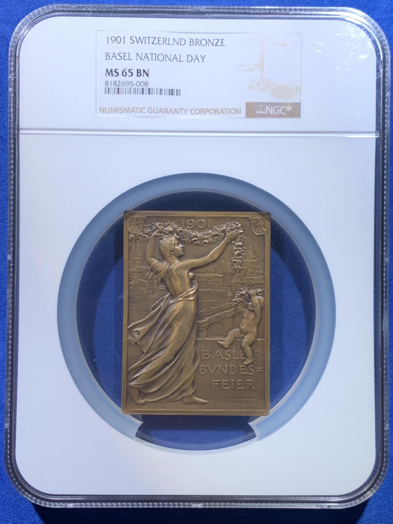 《竞宝斋》第445场 周日，周一，2场连拍 （全场包邮） 唯一冠军分 NGC MS65BN 瑞士1901年巴塞尔纪念加入瑞士联邦400周年方形大铜章 37X50MM 少见瑞士方形大规格纪念铜章 超大加厚盒