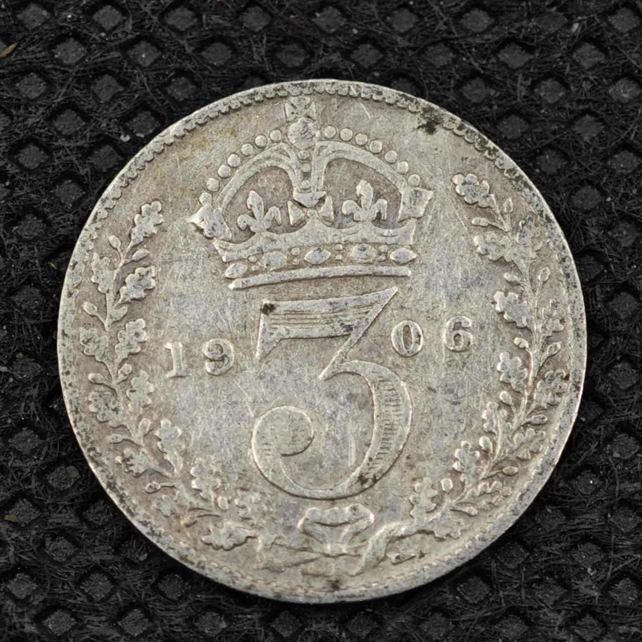 【淘币小摊】限时拍第八百二十四拍  小银币场  满百包邮可预留两周  周一统一发货      英国1906年爱德华七世3便士银币