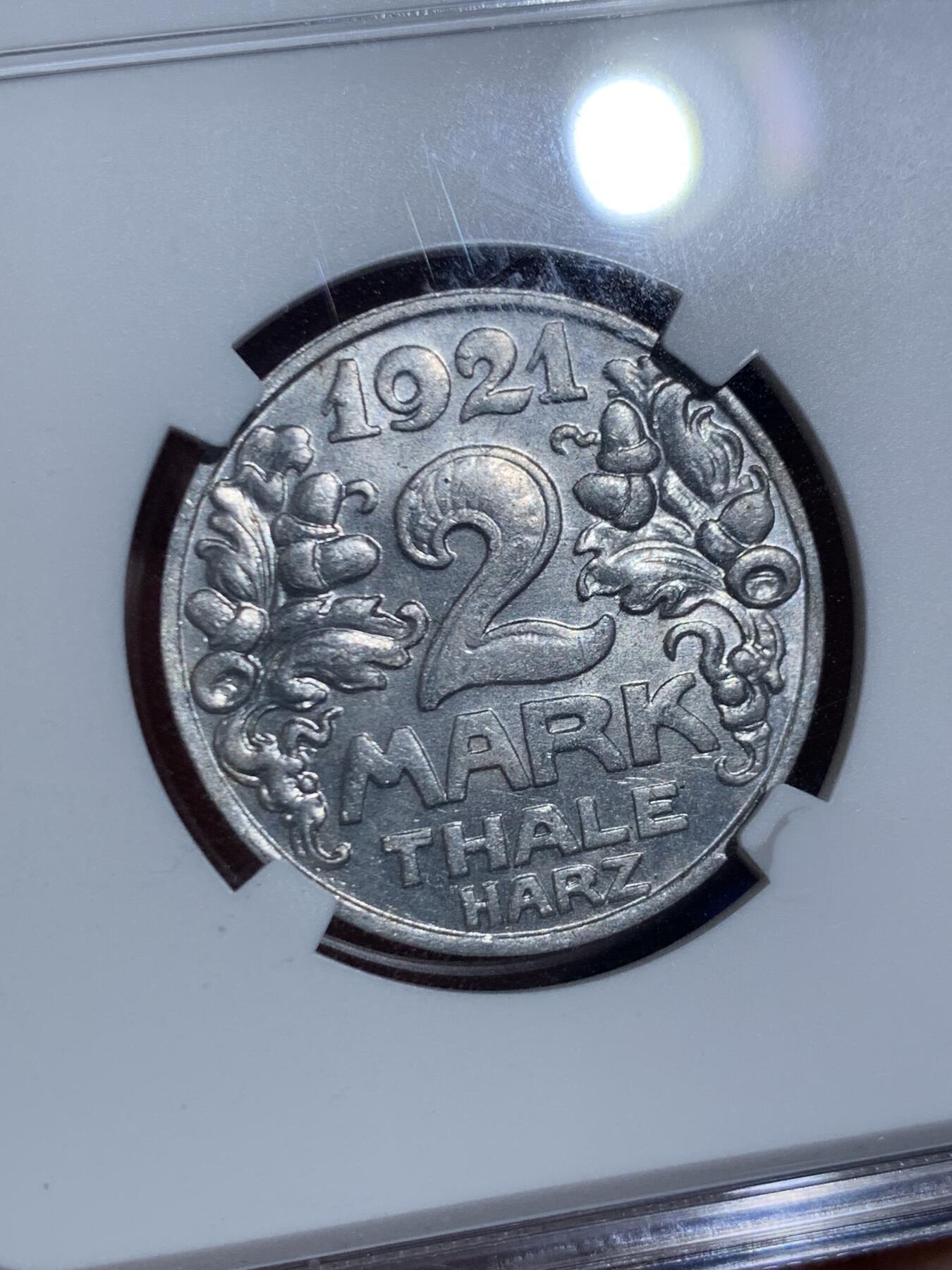 《竞宝斋》第445场 周日，周一，2场连拍 （全场包邮） NGC MS64 德国1921年德紧塔勒哈茨大猫2马克铝币 少见品种