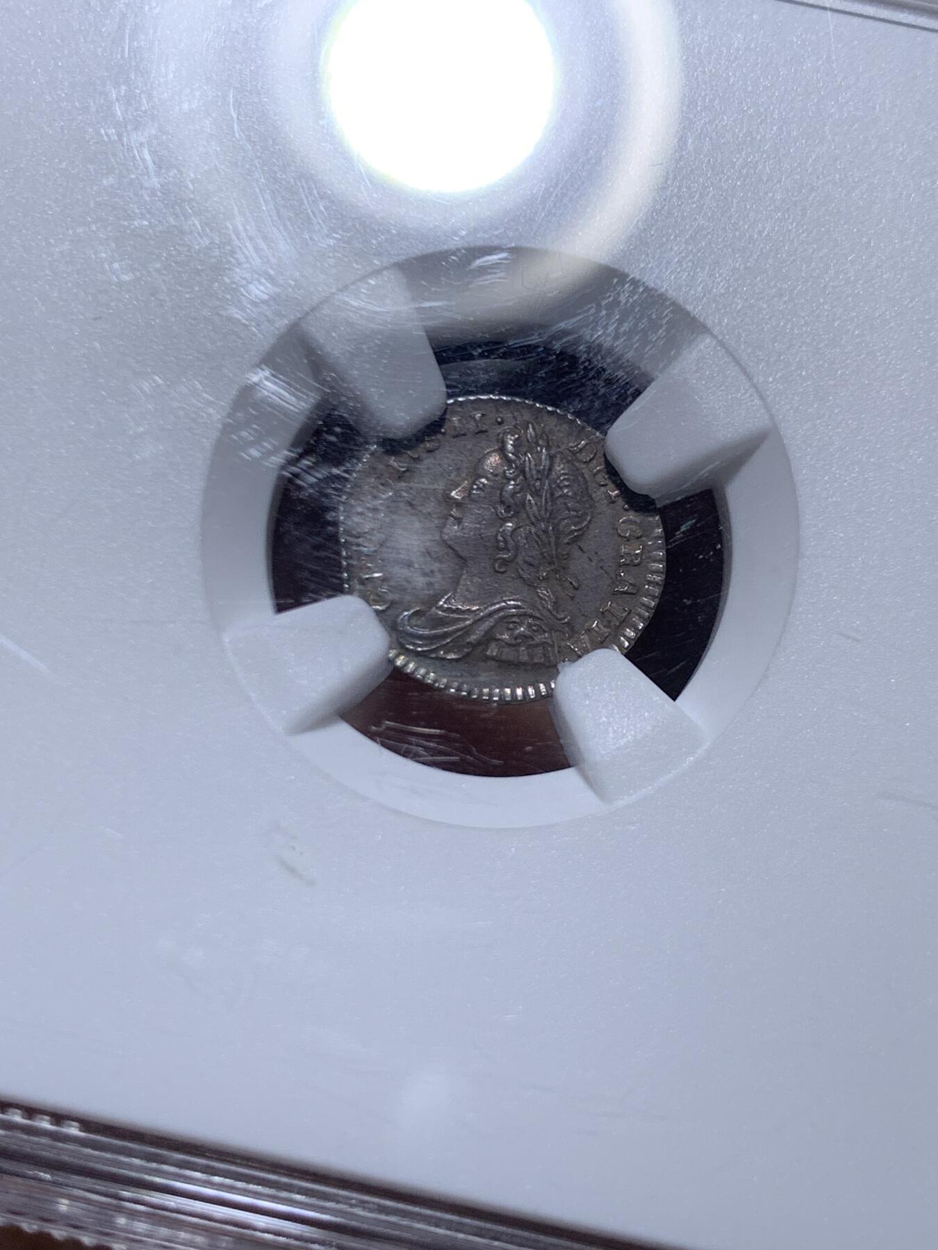 《竞宝斋》第445场 周日，周一，2场连拍 （全场包邮） 四枚一组 NGC AU55/MS63/MS62/UNCD 英国1746年乔治二世1/2/3/4便士银币 2便士盒子右下角有磕