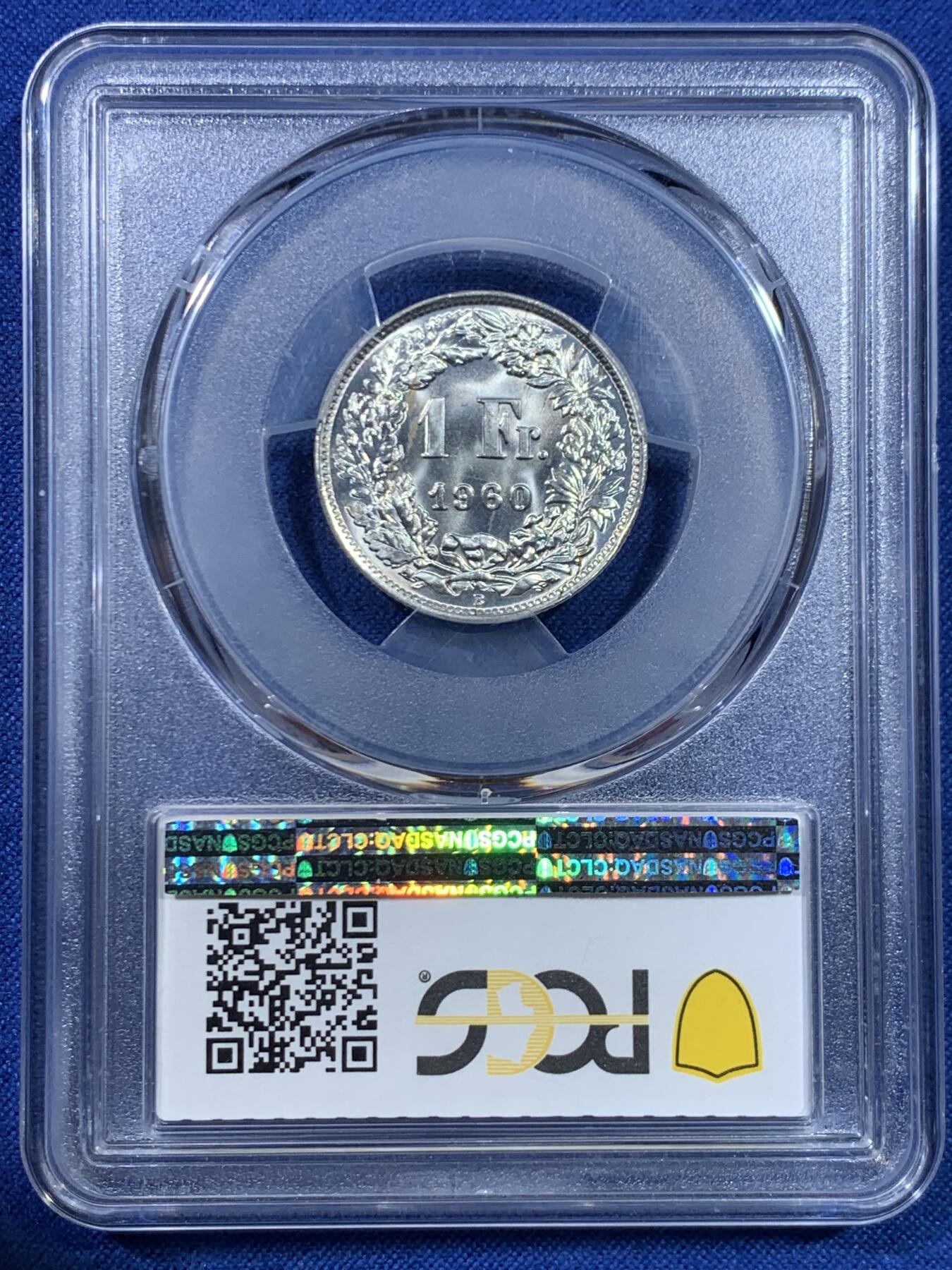 《竞宝斋》第445场 周日，周一，2场连拍 （全场包邮） PCGS MS66 瑞士联邦1960年女神持盾1法郎 银霜转光 GEM级 季军分