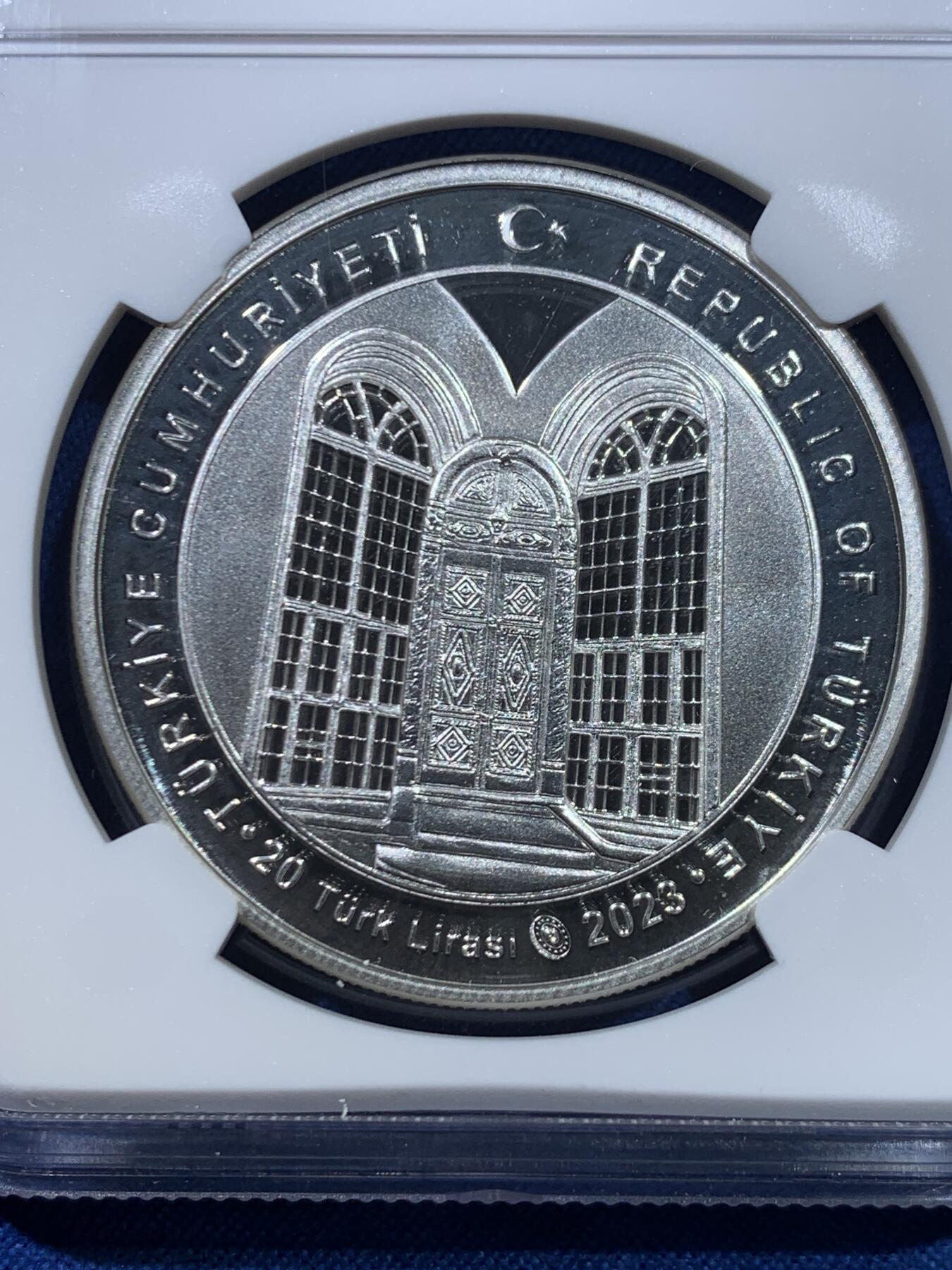 《竞宝斋》第445场 周日，周一，2场连拍 （全场包邮） NGC PF68UC 土耳其2023年阿齐济耶清真寺20里拉精制纪念银币（1盎司，925银，带证书，发行量3千枚）时光雕刻，岁月永隽，唯有景观经典依旧！