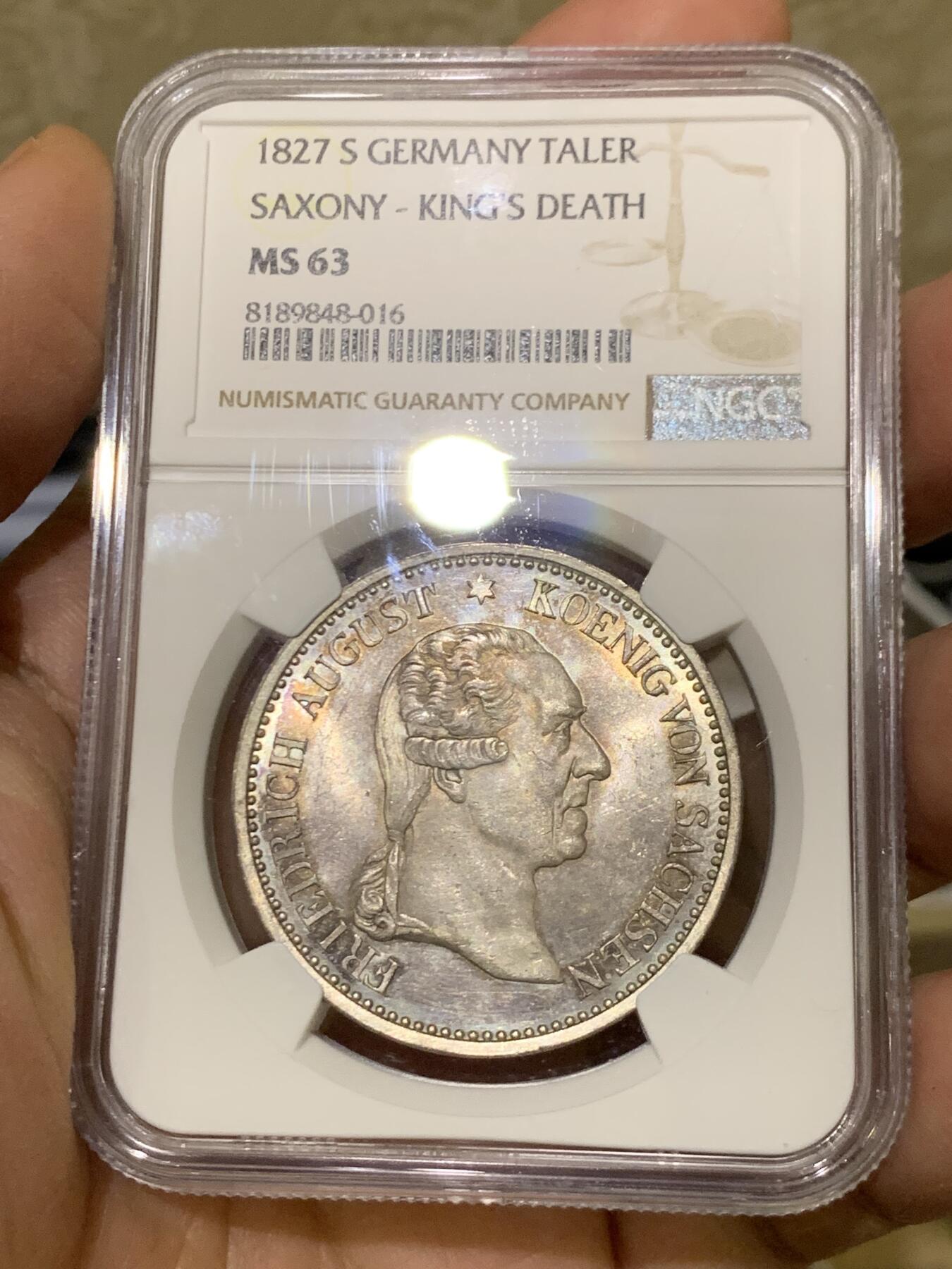 《竞宝斋》第445场 周日，周一，2场连拍 （全场包邮） NGC MS63 德国 1827年 德国萨克森国王之死 纪念泰勒大银币 PL底板 观感极好