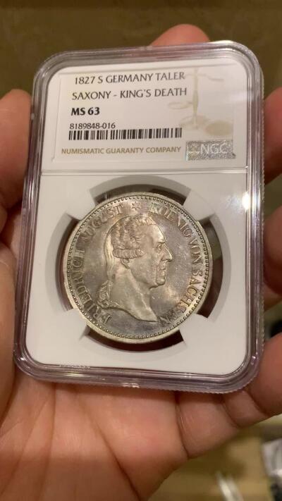 《竞宝斋》第445场 周日，周一，2场连拍 （全场包邮） NGC MS63 德国 1827年 德国萨克森国王之死 纪念泰勒大银币 PL底板 观感极好