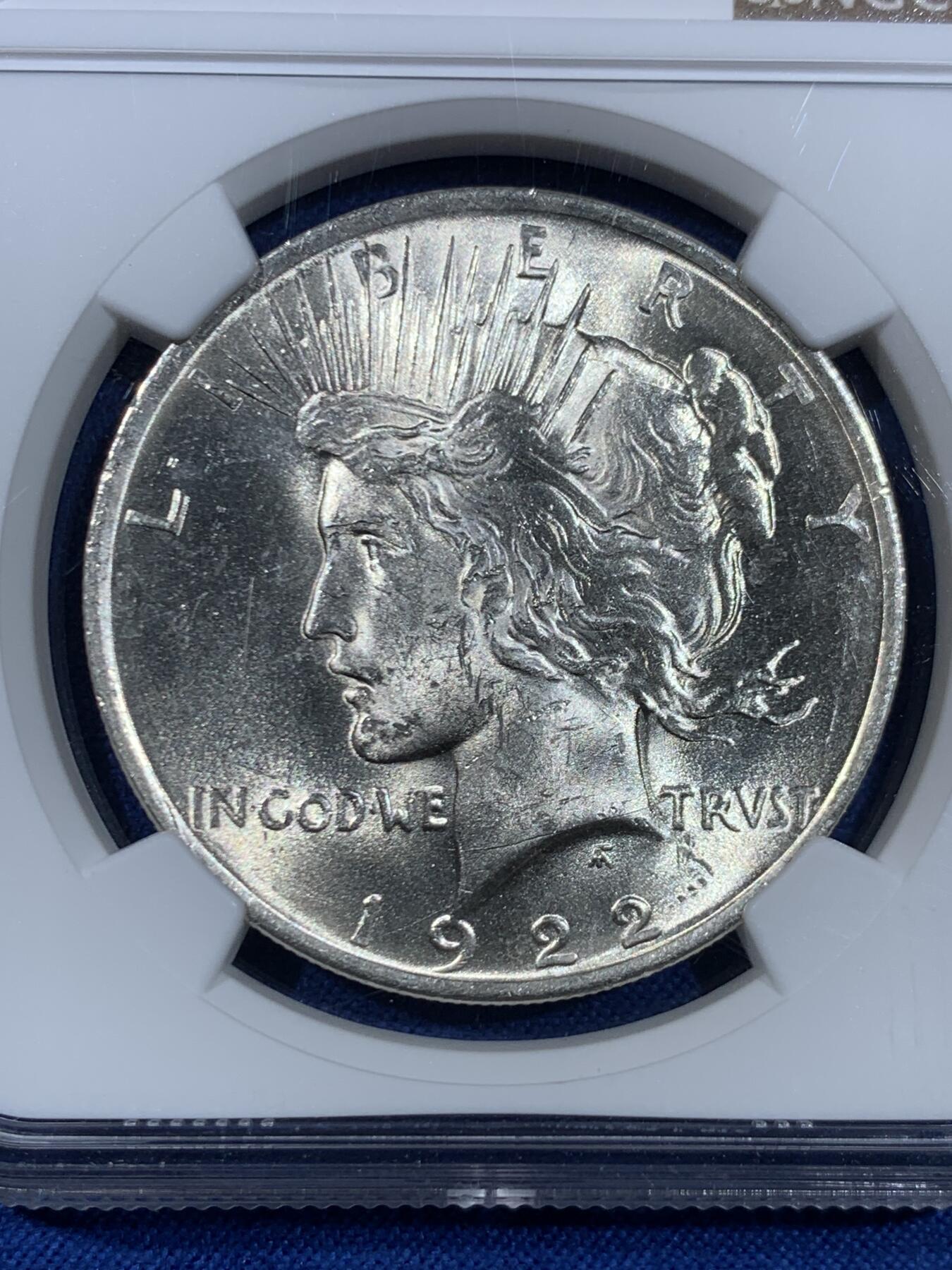 《竞宝斋》第445场 周日，周一，2场连拍 （全场包邮） NGC MS63 美国1922年1美元和平银币 币面干净 性价比之选