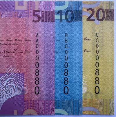 2025第25场（总第225期）：精品测试钞、塑料钞、纪念券、外钞综合场 - 首发百位圆圆号0000880 萨摩亚2023年版5、10、20塔拉塑料钞一组3枚UNC