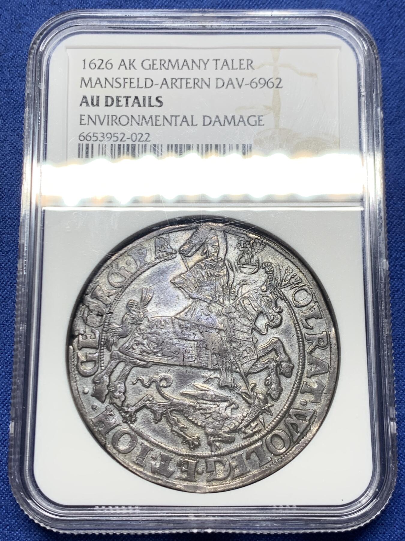 《竞宝斋》第445场 周日，周一，2场连拍 （全场包邮） NGC AUD 德国1626年曼斯菲尔德-阿腾屠龙1泰勒银币，深打细节状态都很好。