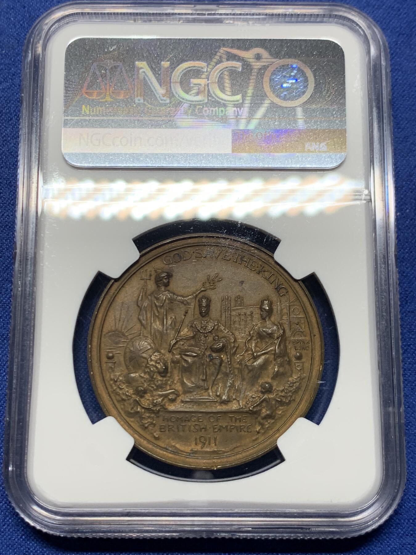 《竞宝斋》第445场 周日，周一，2场连拍 （全场包邮） NGC MS63 英国1911年乔治五世加冕纪念铜章