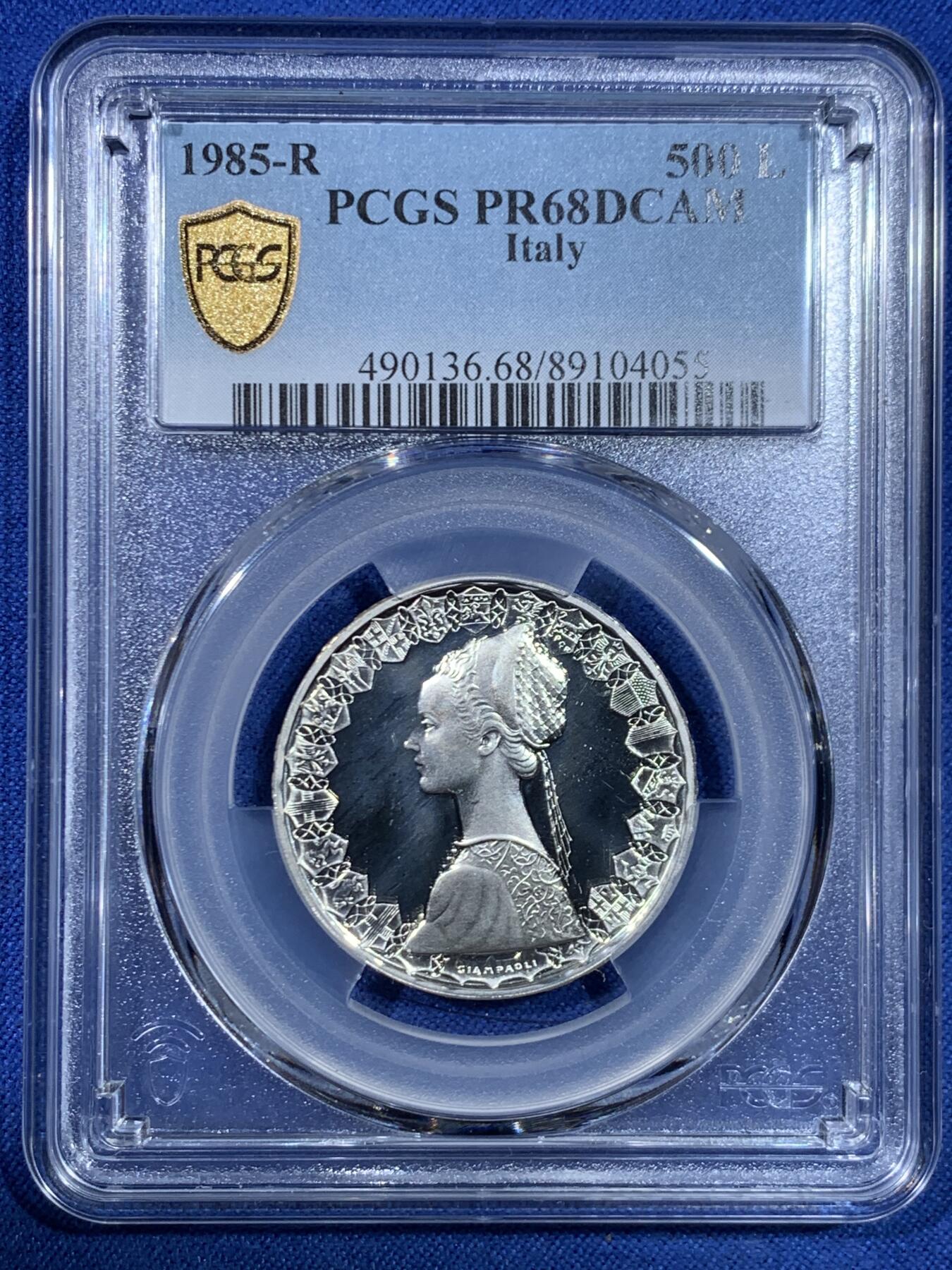 《竞宝斋》第445场 周日，周一，2场连拍 （全场包邮） 亚军分 PCGS PR68DCAM 意大利 1985年 帆船少女 精制500里拉银币 首年发行的精制 镜面光十足