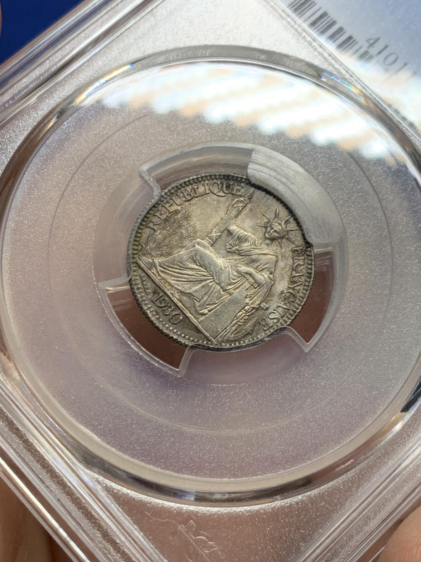 《竞宝斋》第445场 周日，周一，2场连拍 （全场包邮） PCGS MS64 法属印支1930年A版坐洋10分 五彩包浆 少见年份 季军分 高评仅7枚