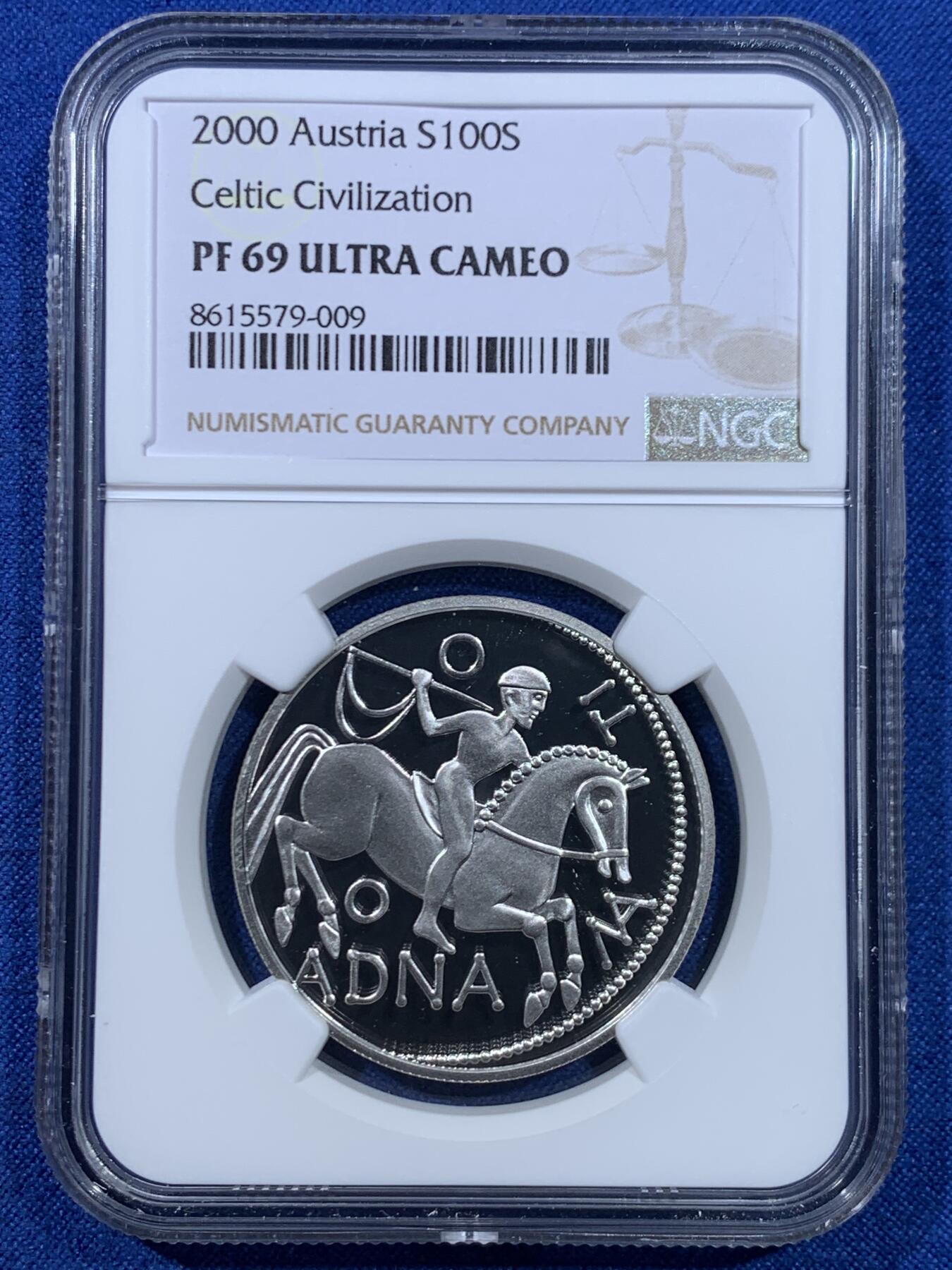 《竞宝斋》第445场 周日，周一，2场连拍 （全场包邮） 获奖币 NGC PF69UC 奥地利2000年凯尔特人开采盐矿100先令精制纪念银币（18克重，900银，盒证齐全，发行量5万枚）荣膺克劳斯世界硬币大赛2002年最佳克朗币（千禧年获奖币）