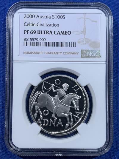 《竞宝斋》第445场 周日，周一，2场连拍 （全场包邮） - 获奖币 NGC PF69UC 奥地利2000年凯尔特人开采盐矿100先令精制纪念银币（18克重，900银，盒证齐全，发行量5万枚）荣膺克劳斯世界硬币大赛2002年最佳克朗币（千禧年获奖币）