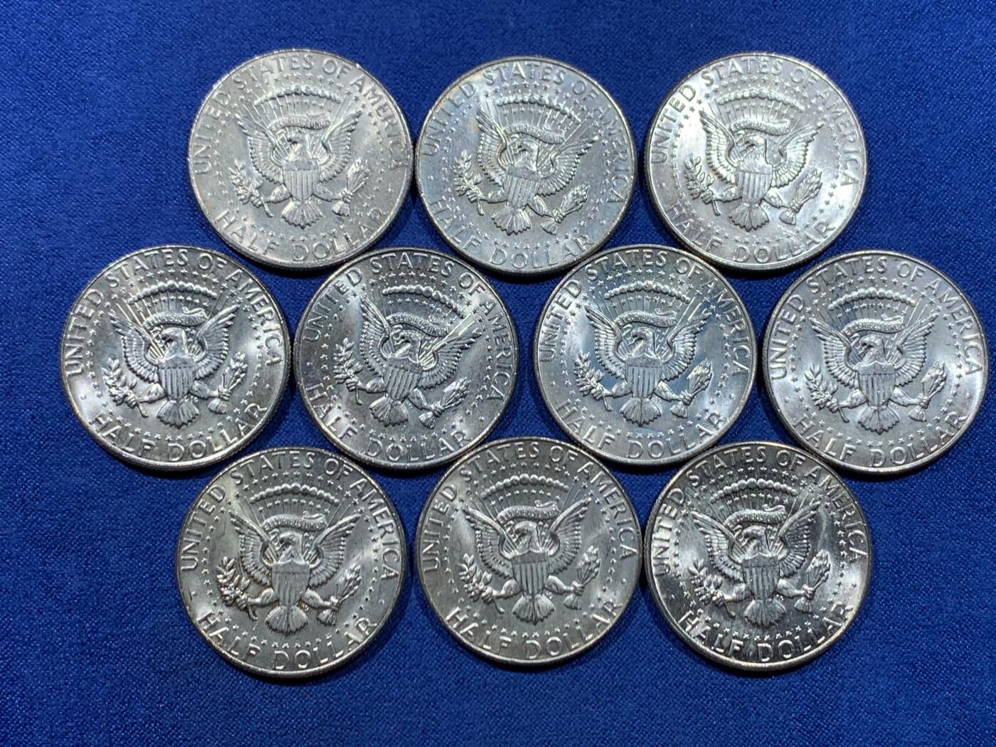 《竞宝斋》第445场 周日，周一，2场连拍 （全场包邮） 十枚一组 美国1965-1969年肯尼迪半美元银币 总重约114.85克