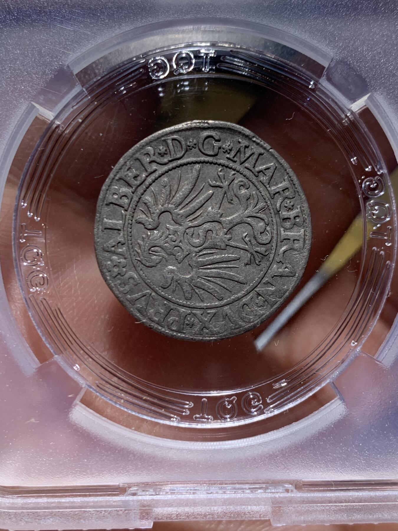 《竞宝斋》第445场 周日，周一，2场连拍 （全场包邮） TQG XF40 普鲁士公国 1535年 1格罗申 银币 细节良好 人像面胡须清晰可见 打制不错 近500年的银币 少见品种