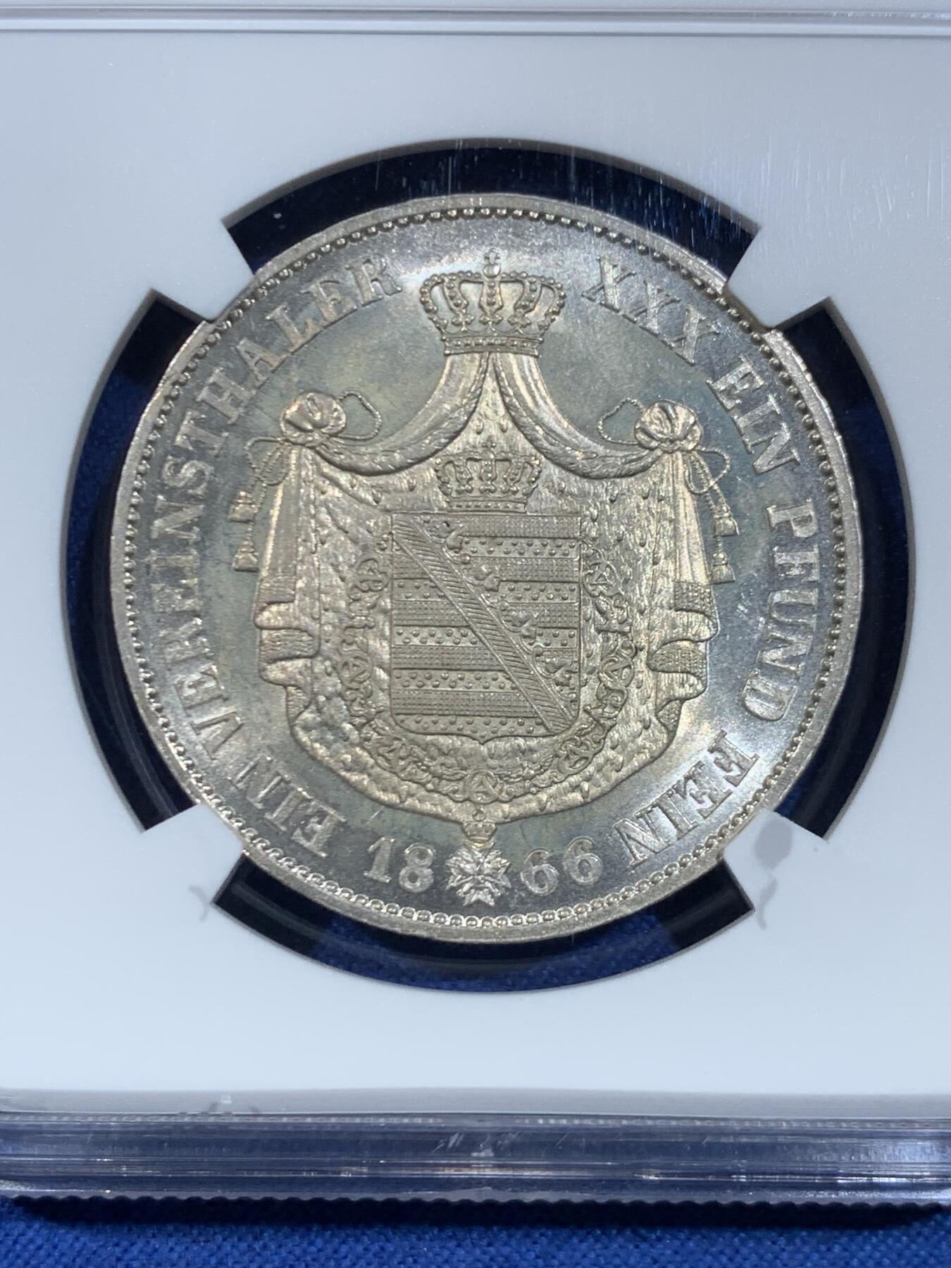 《竞宝斋》第445场 周日，周一，2场连拍 （全场包邮） 冠军分 NGC MS64 德国 1866年 萨克森-魏玛-埃森纳赫纹章泰勒 令人惊叹的细节工艺 十字车轮光更显不易 难以逾越的状态