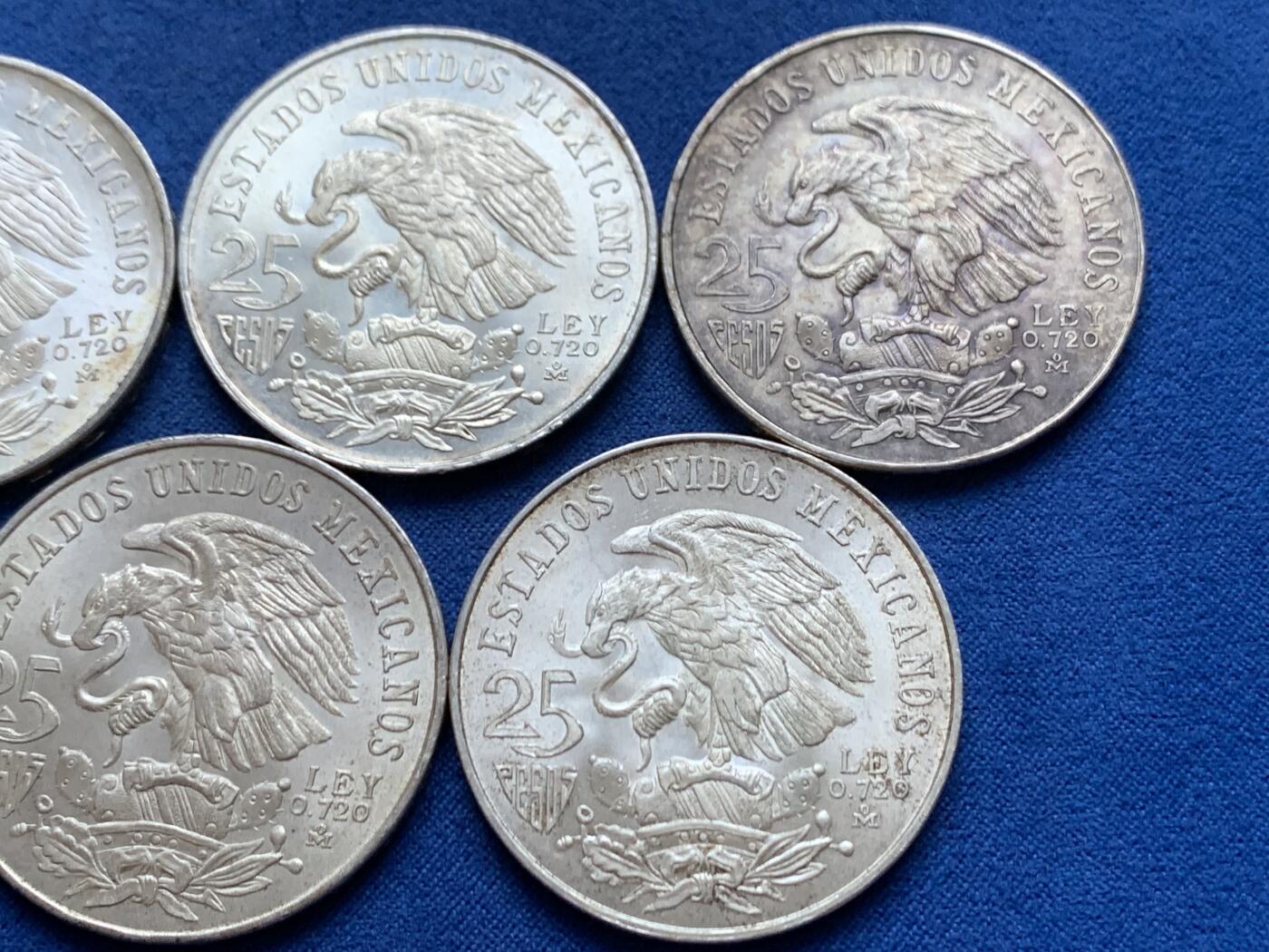 《竞宝斋》第445场 周日，周一，2场连拍 （全场包邮） 六枚一组 墨西哥1968年25比索奥运纪念银币 总重约134.7克