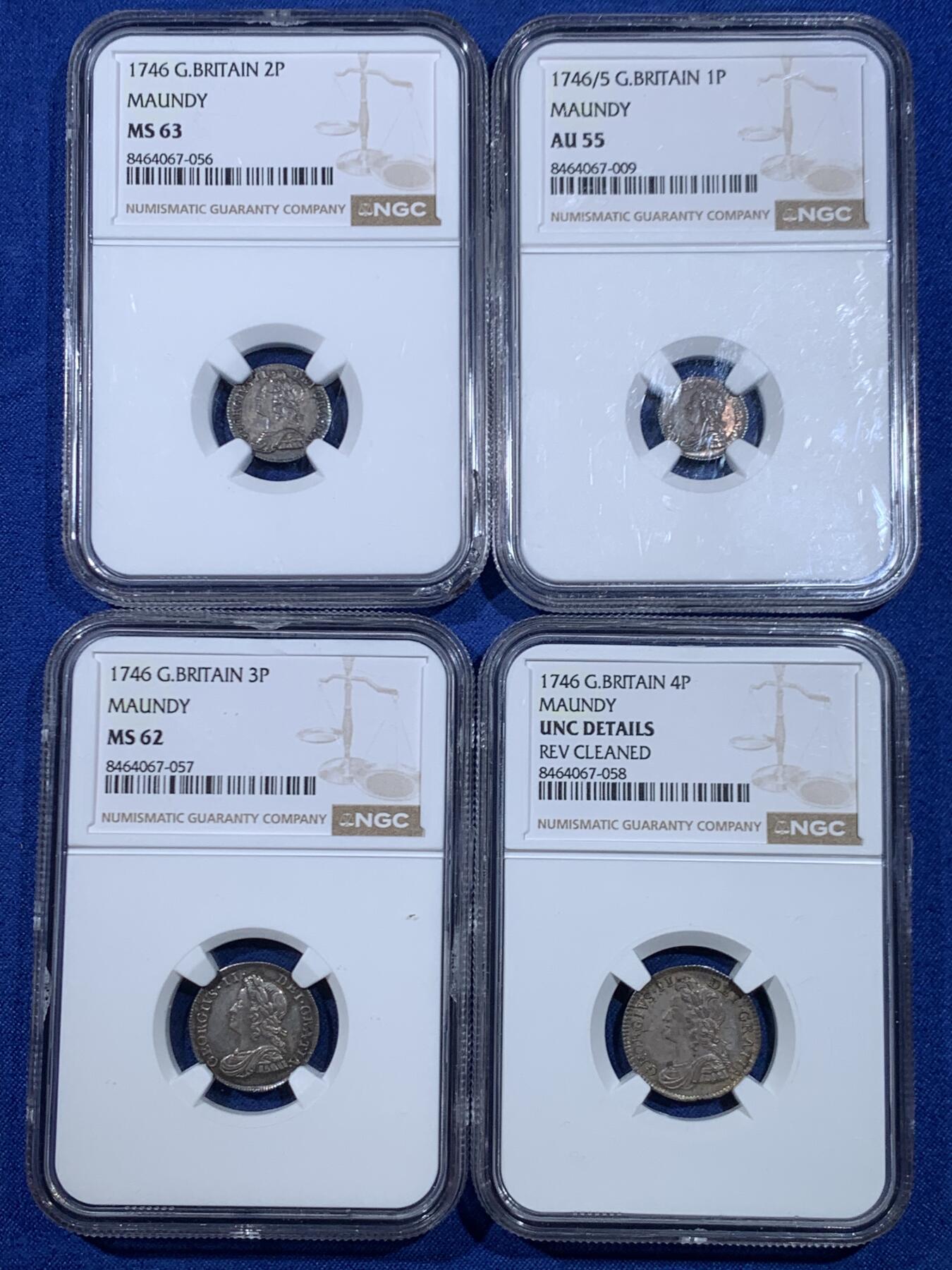 《竞宝斋》第445场 周日，周一，2场连拍 （全场包邮） 四枚一组 NGC AU55/MS63/MS62/UNCD 英国1746年乔治二世1/2/3/4便士银币 2便士盒子右下角有磕