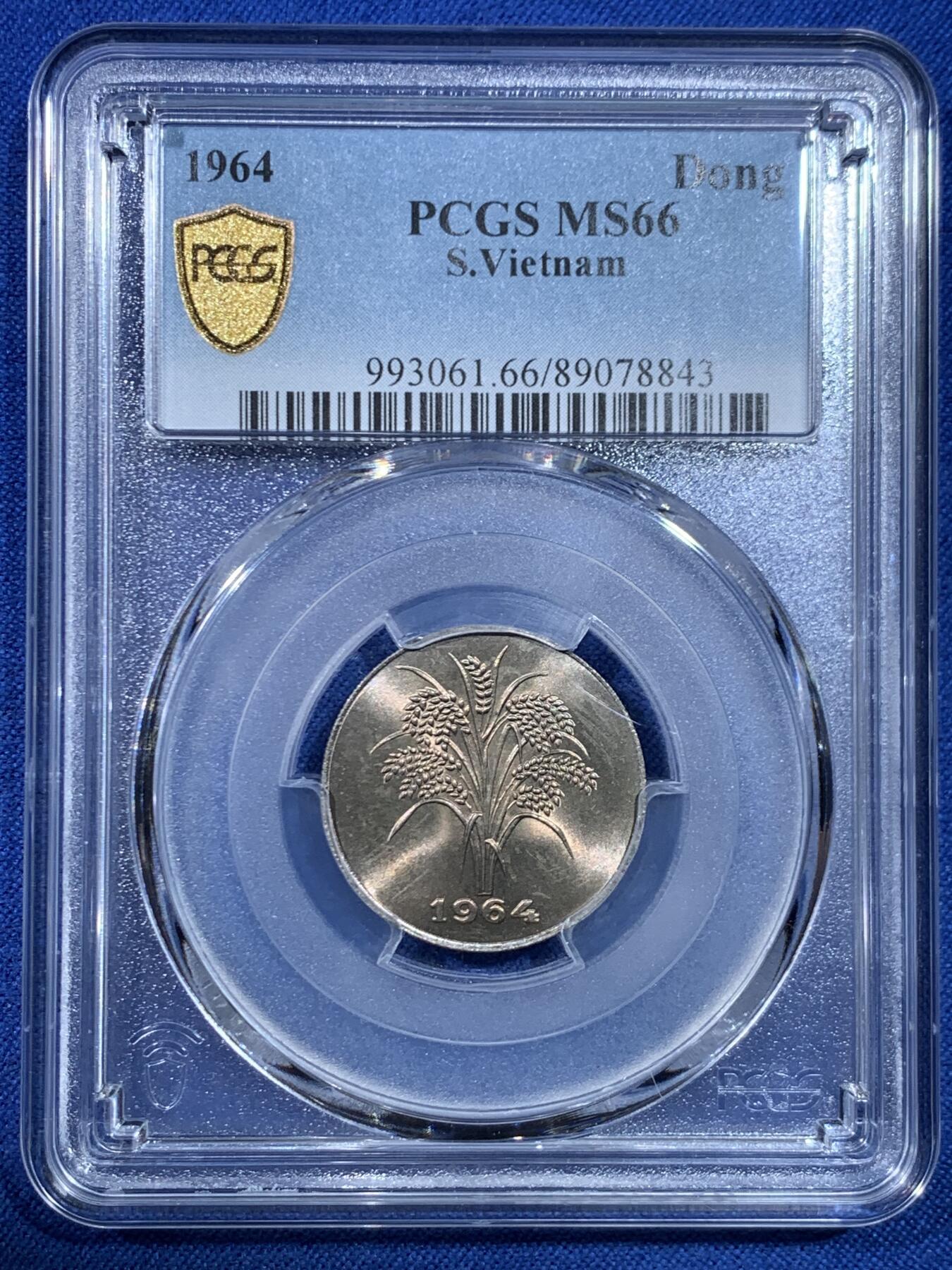 《竞宝斋》第445场 周日，周一，2场连拍 （全场包邮） 两枚一组 PCGS MS66+MS63 南越1964/1971年水稻1盾 双年份一组 铝币容易腐蚀出分不易 镍币是唯一的冠军分！