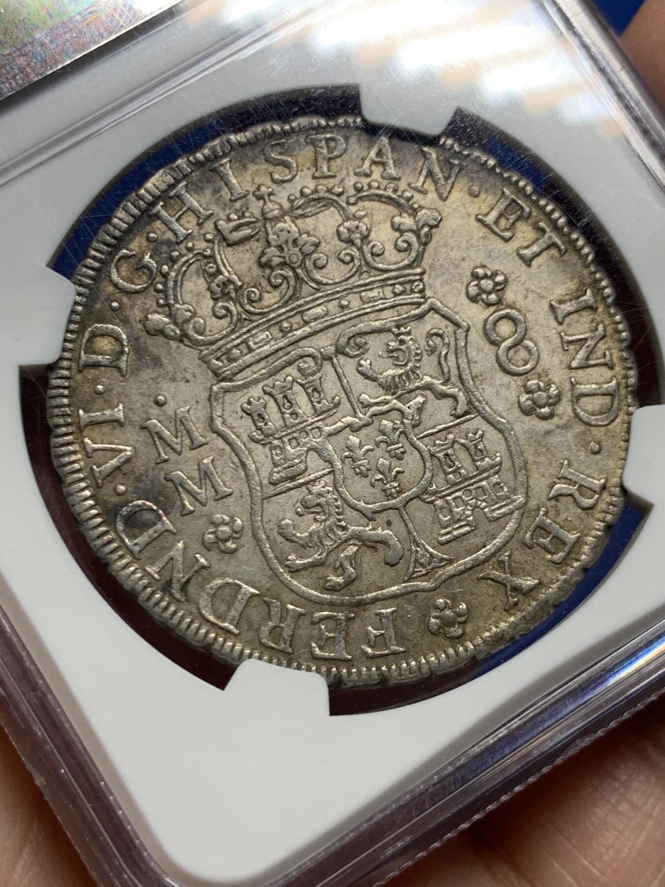 《竞宝斋》第445场 周日，周一，2场连拍 （全场包邮） NGC AU55 墨西哥1756年费尔南多六世地球双柱8R银币（细节打制很好，老盒严选，不可多得的藏品）