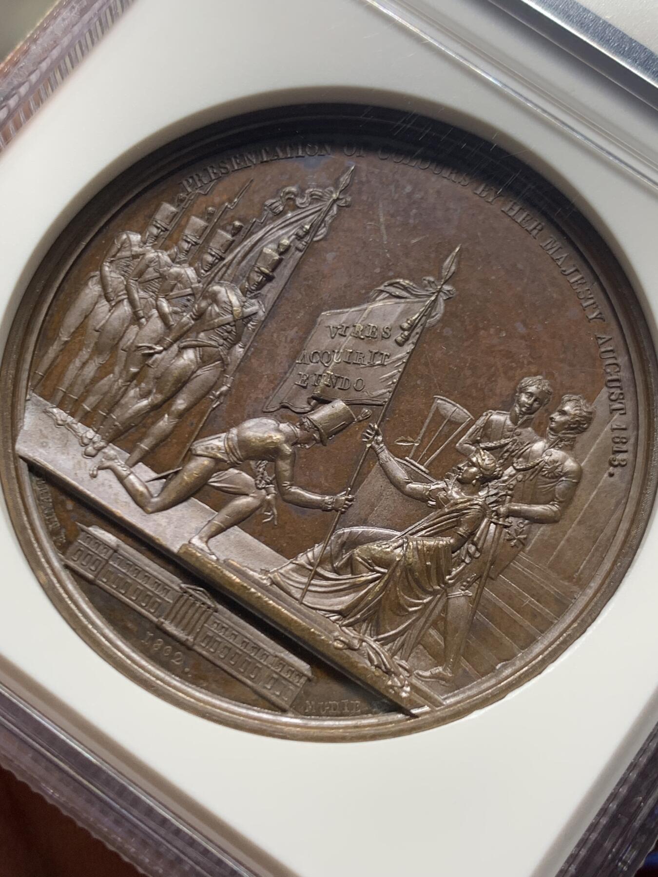 《竞宝斋》第445场 周日，周一，2场连拍 （全场包邮） NGC MS62BN 1813年英国约克公爵皇家军事学院铜章，纪念英国胜利系列第十一枚奖章，加厚盒装。