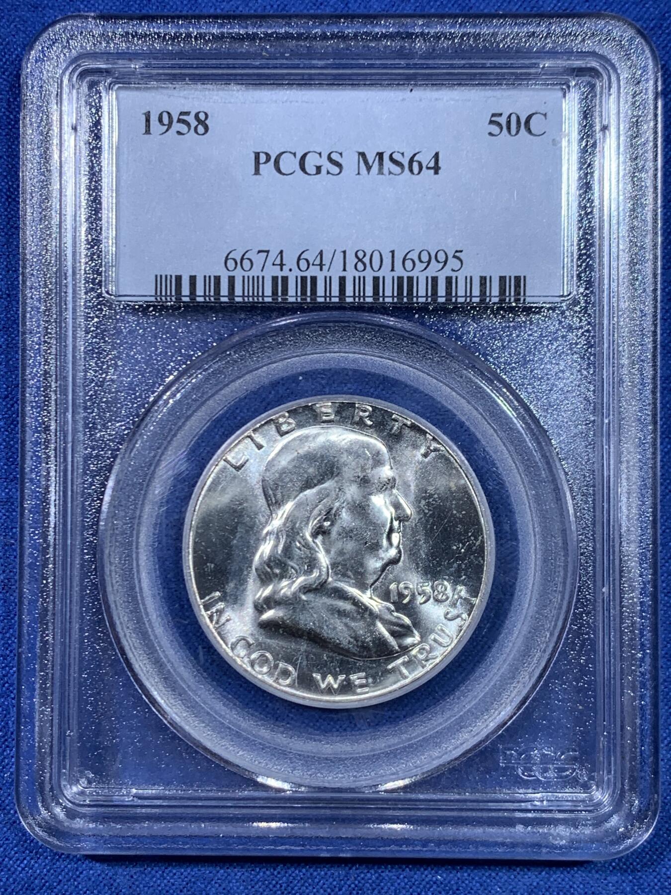 《竞宝斋》第445场 周日，周一，2场连拍 （全场包邮） PCGS MS64 美国1958年富兰克林半美元银币