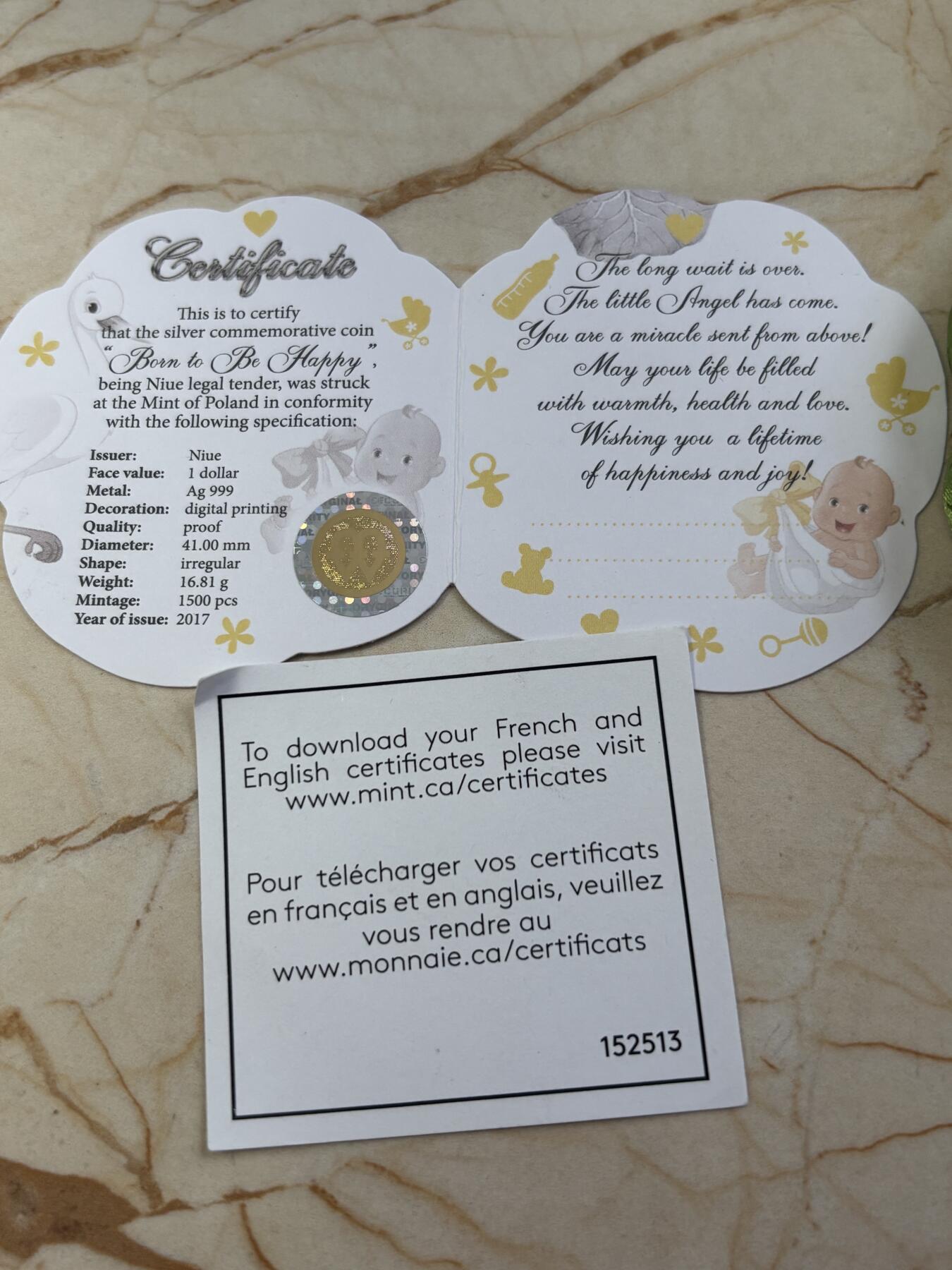 第185期拍卖 纽埃2017年婴儿宝宝降临人间幸福快乐彩色异形银币，999银，发行1500枚