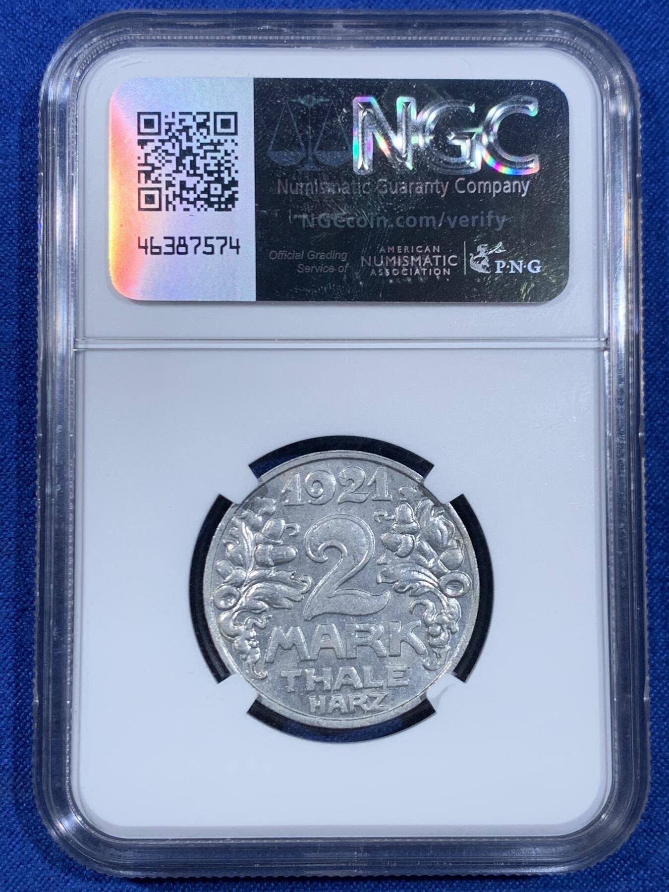 《竞宝斋》第445场 周日，周一，2场连拍 （全场包邮） NGC MS64 德国1921年德紧塔勒哈茨大猫2马克铝币 少见品种