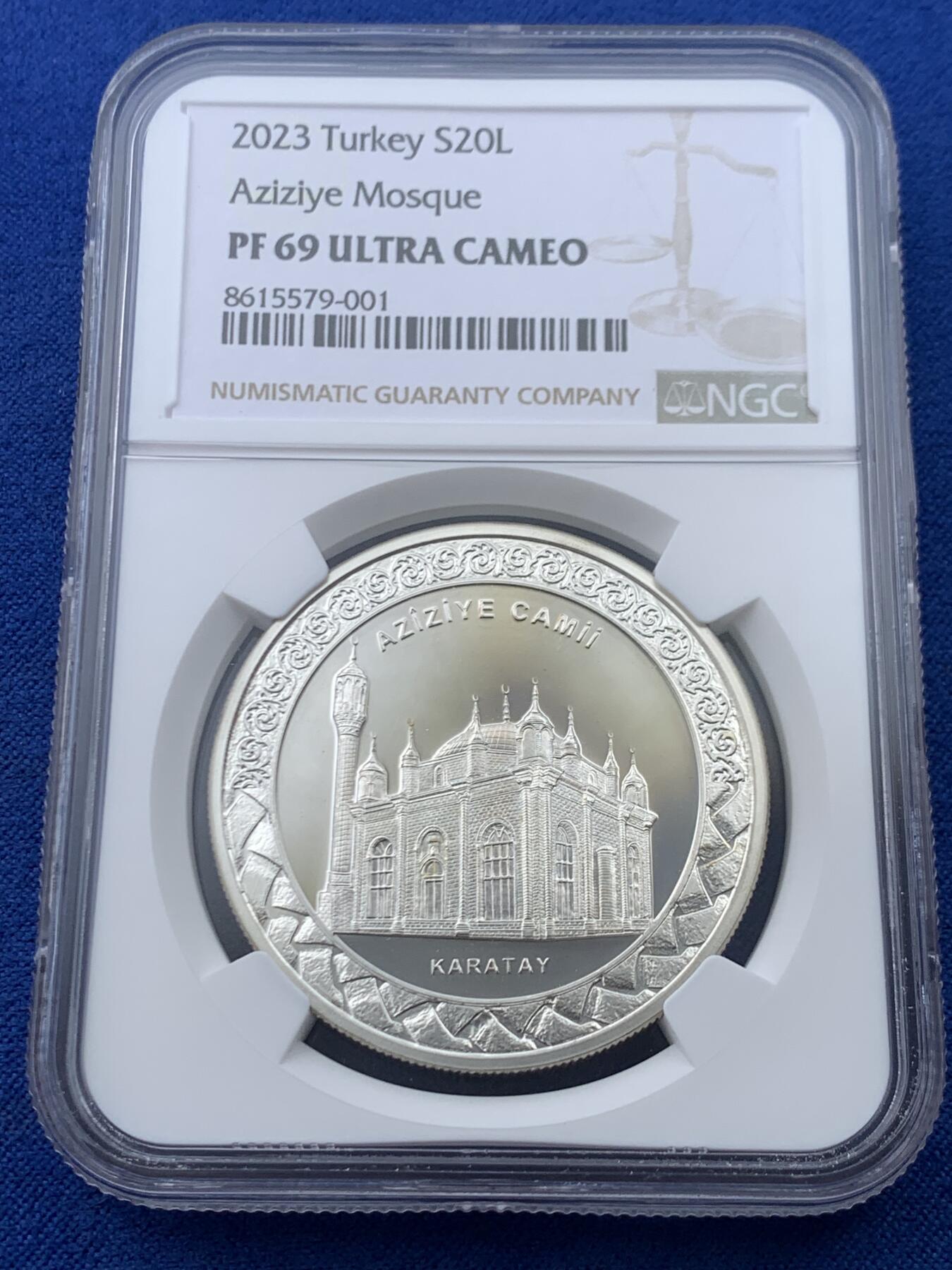 《竞宝斋》第445场 周日，周一，2场连拍 （全场包邮） NGC PF68UC 土耳其2023年阿齐济耶清真寺20里拉精制纪念银币（1盎司，925银，带证书，发行量3千枚）时光雕刻，岁月永隽，唯有景观经典依旧！