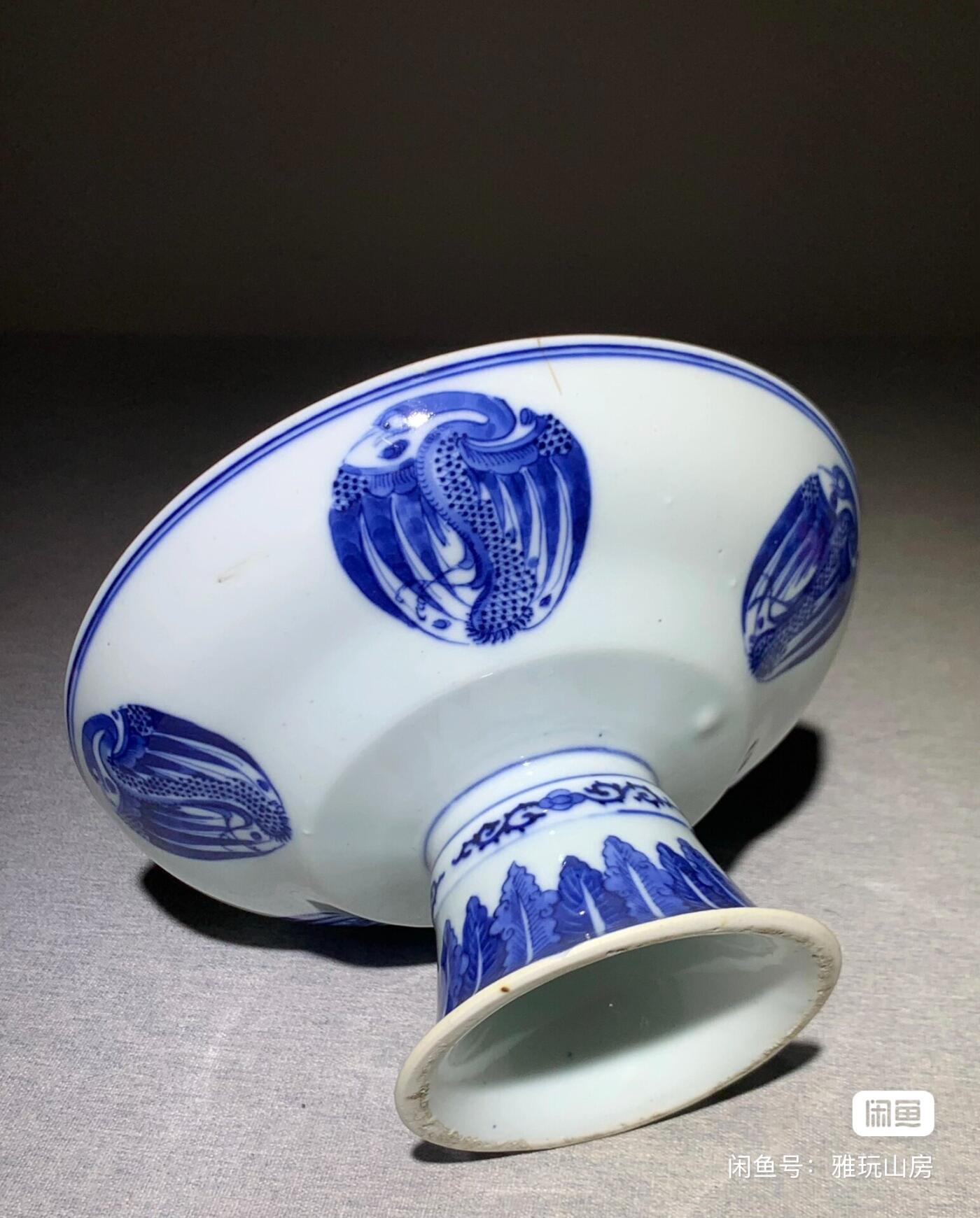 晚清青花团鹤纹高足盘 包老保真 