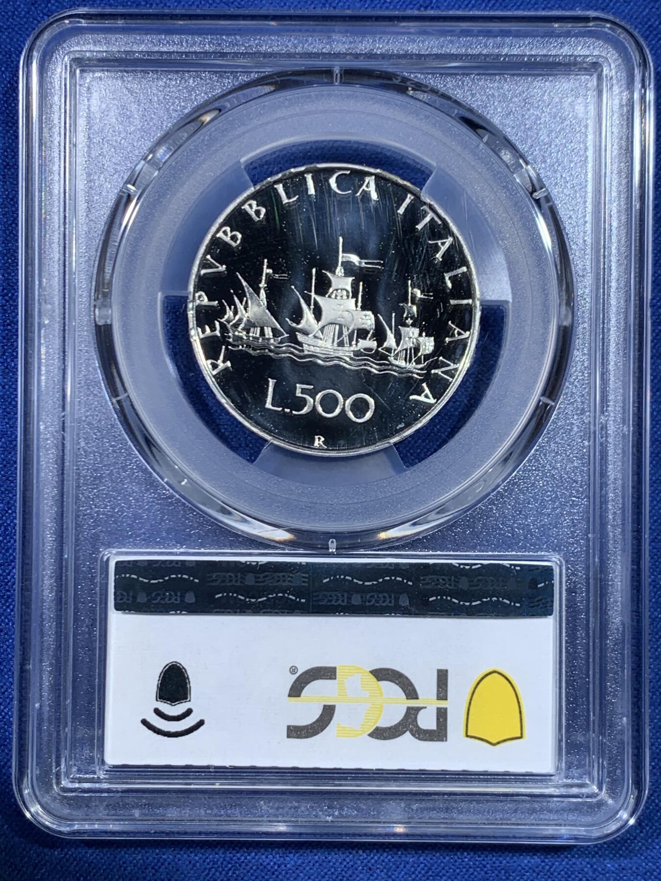 《竞宝斋》第445场 周日，周一，2场连拍 （全场包邮） 亚军分 PCGS PR68DCAM 意大利 1985年 帆船少女 精制500里拉银币 首年发行的精制 镜面光十足