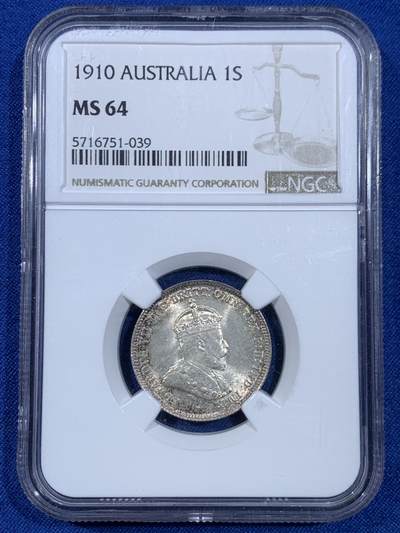 《竞宝斋》第445场 周日，周一，2场连拍 （全场包邮） - NGC MS64 澳大利亚 1910年 爱德华七世 先令银币 季军分 仅有5枚更高分 双面五彩包浆 高分难得
