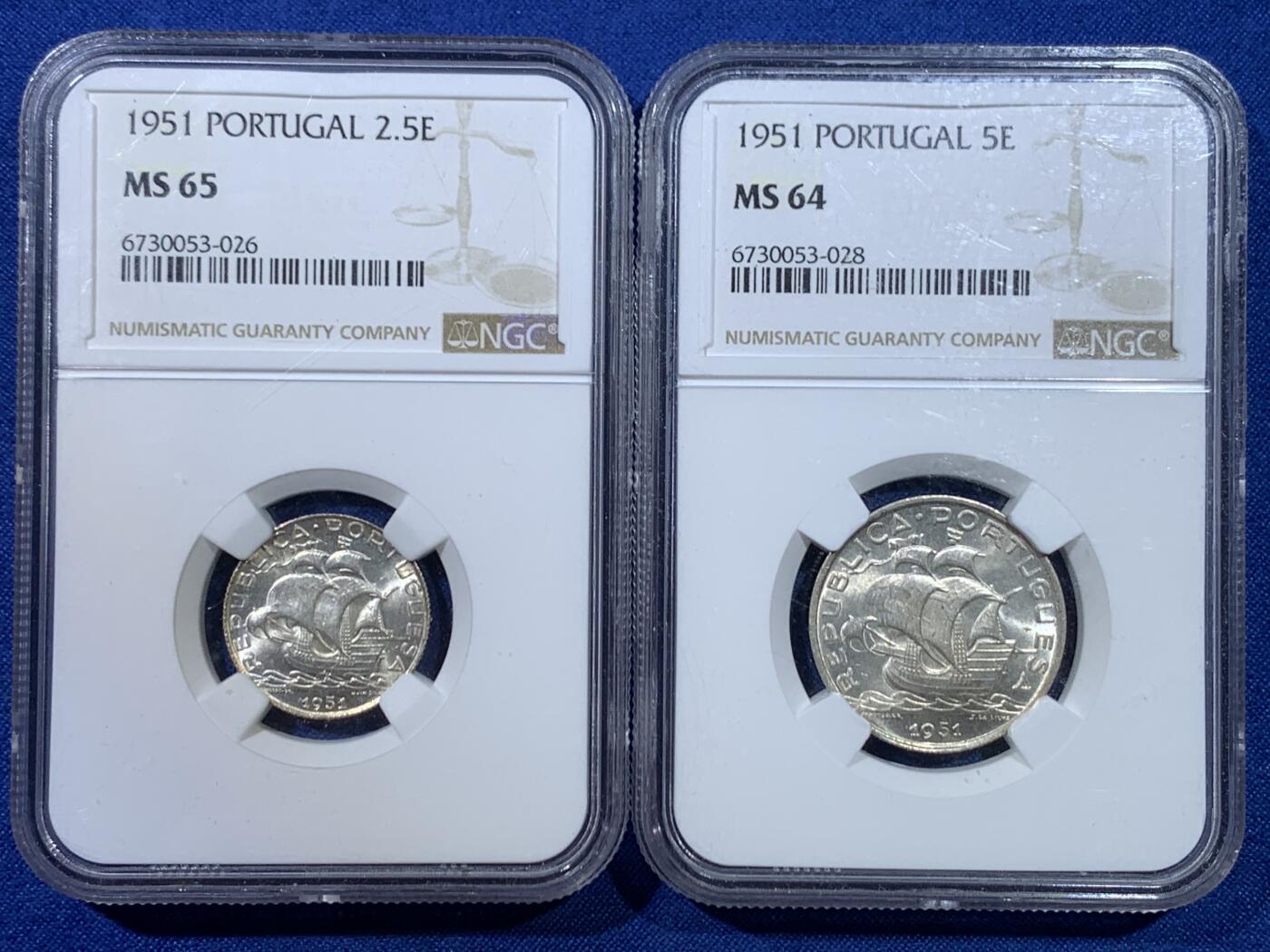 《竞宝斋》第445场 周日，周一，2场连拍 （全场包邮） 两枚一组 NGC MS65/64 葡萄牙1951年2.5/5埃斯库多银币，转光丝滑，值得入手。