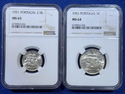 《竞宝斋》第445场 周日，周一，2场连拍 （全场包邮） - 两枚一组 NGC MS65/64 葡萄牙1951年2.5/5埃斯库多银币，转光丝滑，值得入手。