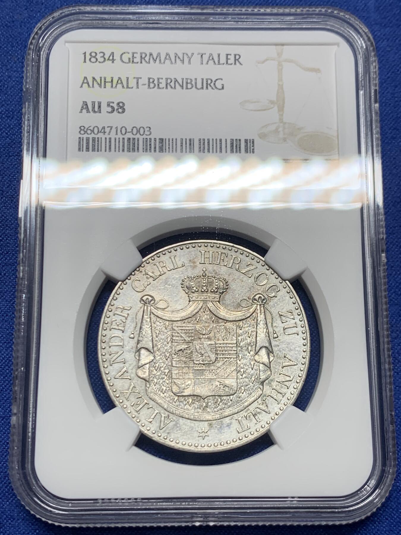 《竞宝斋》第445场 周日，周一，2场连拍 （全场包邮） NGC AU58 德国 1834年 安哈尔特-伯恩堡公国 亚历山大·卡尔与弗里德里克公主婚礼纪念泰勒 发行量仅1.5万枚