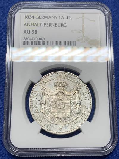 《竞宝斋》第445场 周日，周一，2场连拍 （全场包邮） - NGC AU58 德国 1834年 安哈尔特-伯恩堡公国 亚历山大·卡尔与弗里德里克公主婚礼纪念泰勒 发行量仅1.5万枚