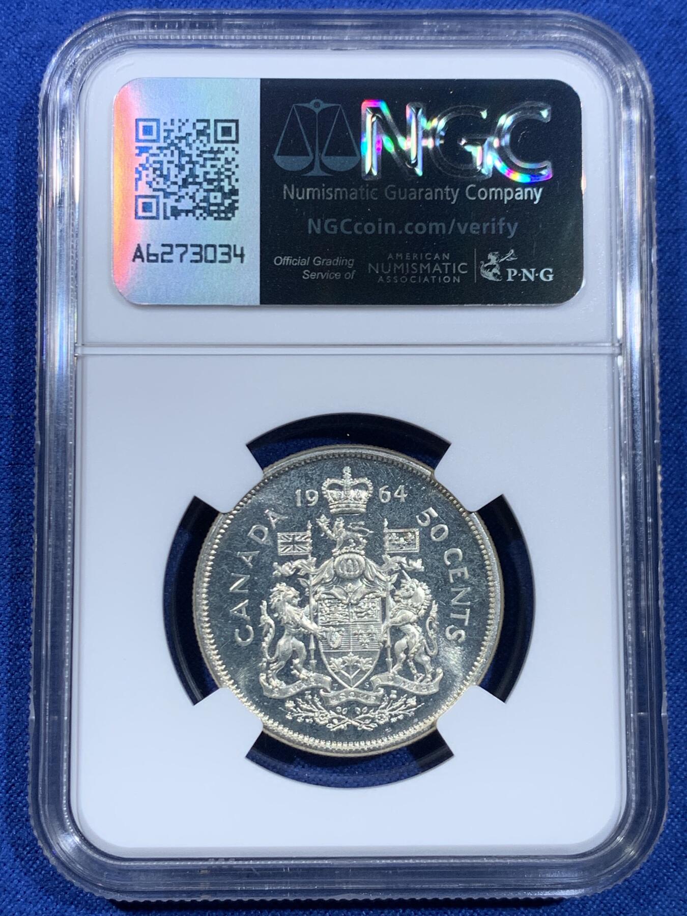 《竞宝斋》第445场 周日，周一，2场连拍 （全场包邮） NGC PL64 加拿大1964年50分银币 略有低评