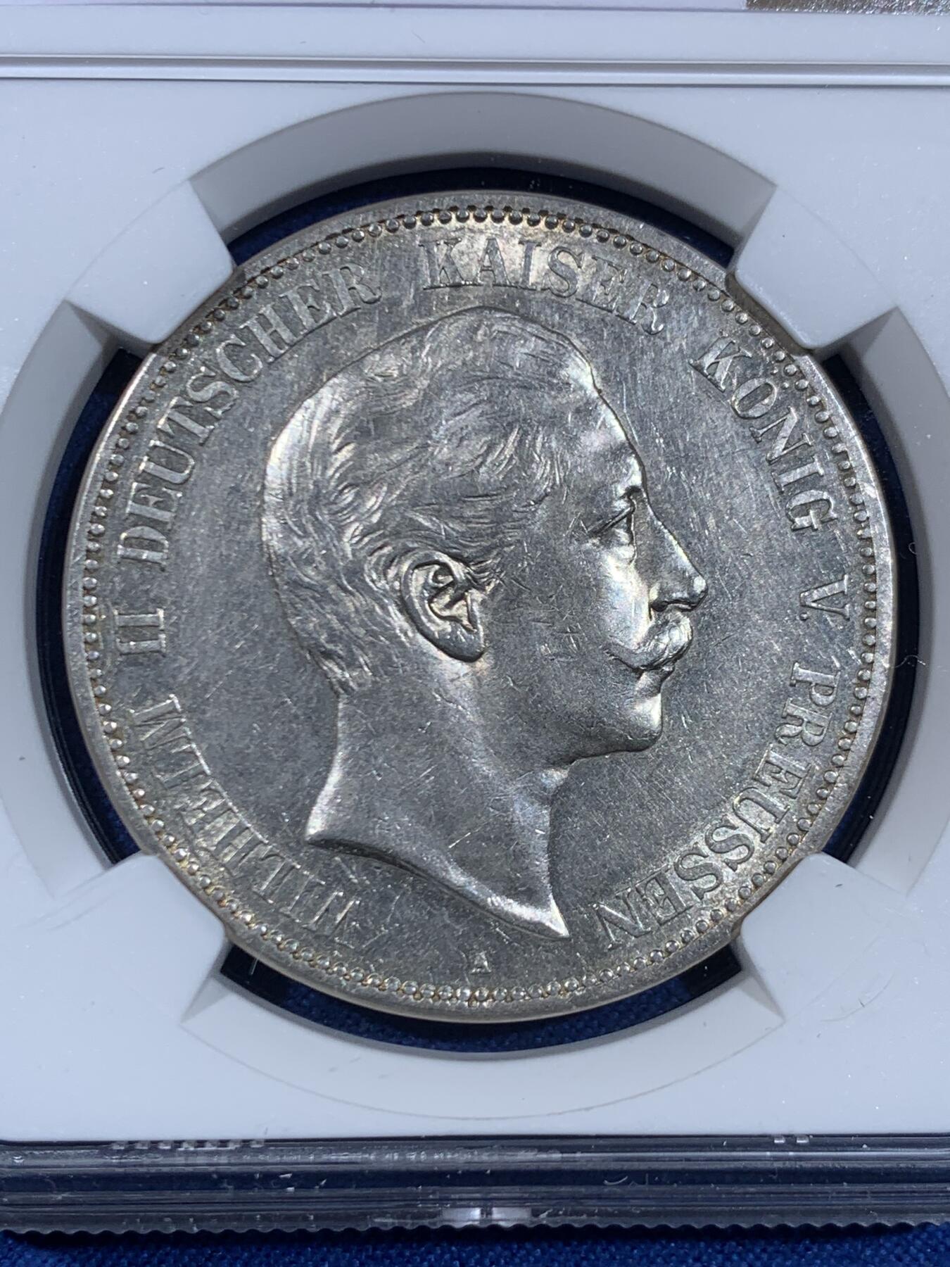 《竞宝斋》第445场 周日，周一，2场连拍 （全场包邮） NGC AUD 德国普鲁士1895年威廉二世5马克银币 流通5马克这状态很难得