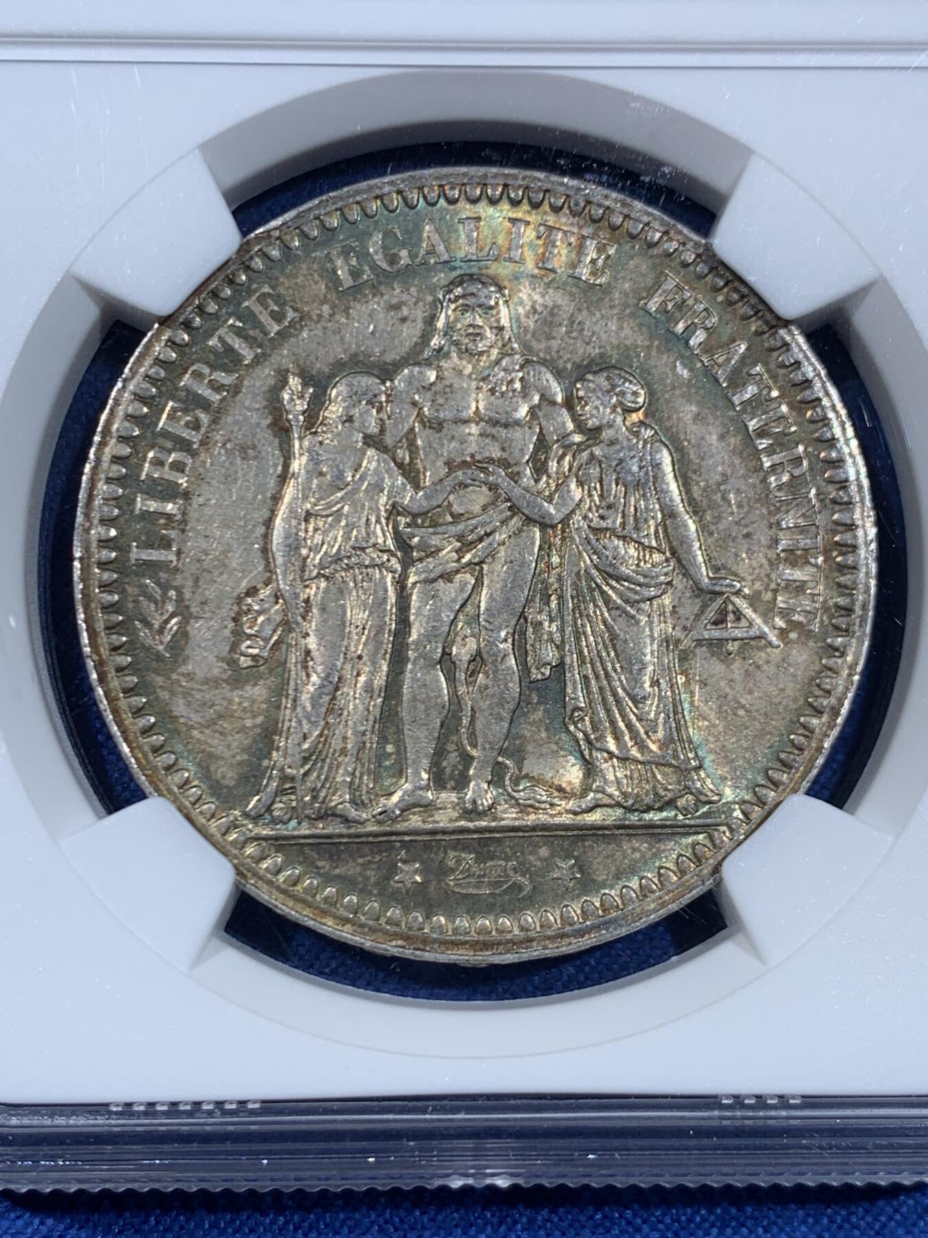 《竞宝斋》第445场 周日，周一，2场连拍 （全场包邮） NGC MS63 法国1873年A版大力神5法郎银币 酱彩包浆 性价比分数