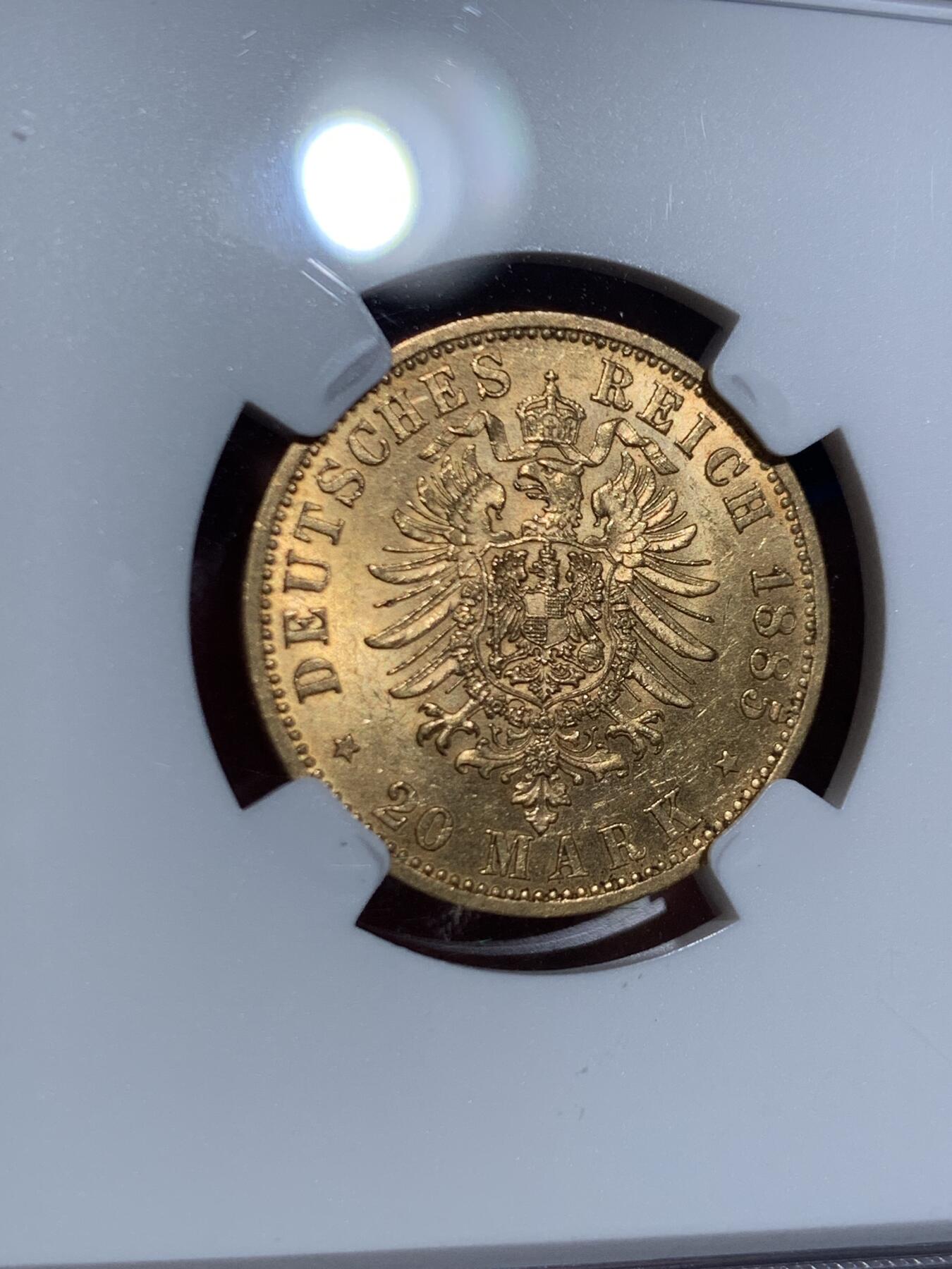 《竞宝斋》第445场 周日，周一，2场连拍 （全场包邮） NGC MS62 德国普鲁士1885年A威廉一世20马克金币 900金 7.96克