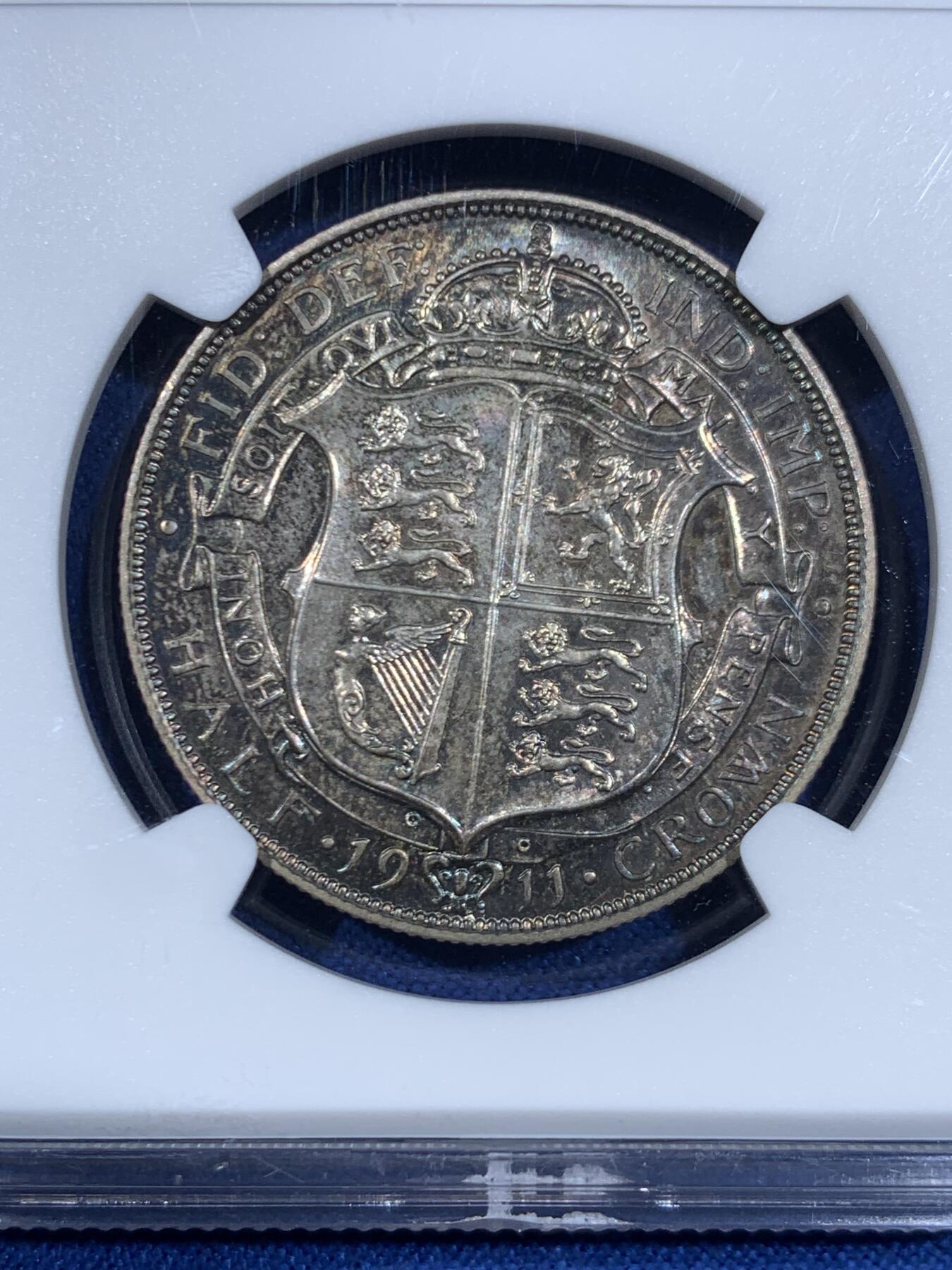 《竞宝斋》第445场 周日，周一，2场连拍 （全场包邮） NGC PF65 英国 1911年 乔治五世 精制半克朗 乔治五世登基首年最大面值 双面五彩包浆 高分难得