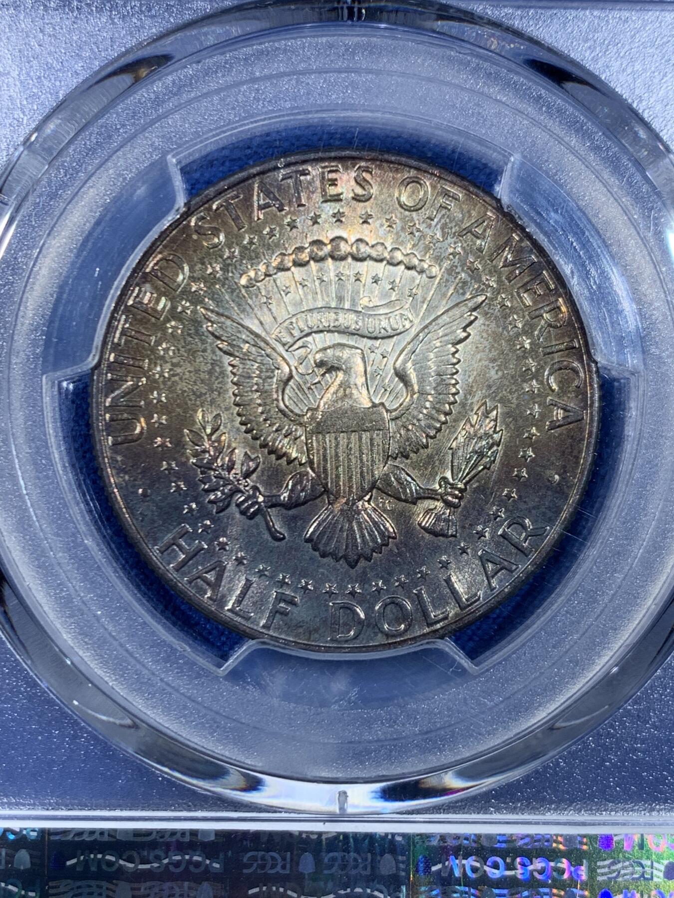 《竞宝斋》第445场 周日，周一，2场连拍 （全场包邮） PCGS MS64 美国1964年半美元银币，肯尼迪50美分首年份，900高银，双面黑彩，包浆彩好看