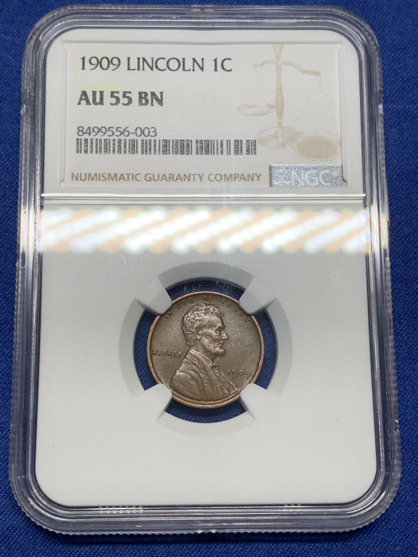 《竞宝斋》第445场 周日，周一，2场连拍 （全场包邮） NGC AU55BN 美国1909年林肯1美分，林肯一美分首年分，也是纪念林肯总统诞辰100周年发行，稀有年份