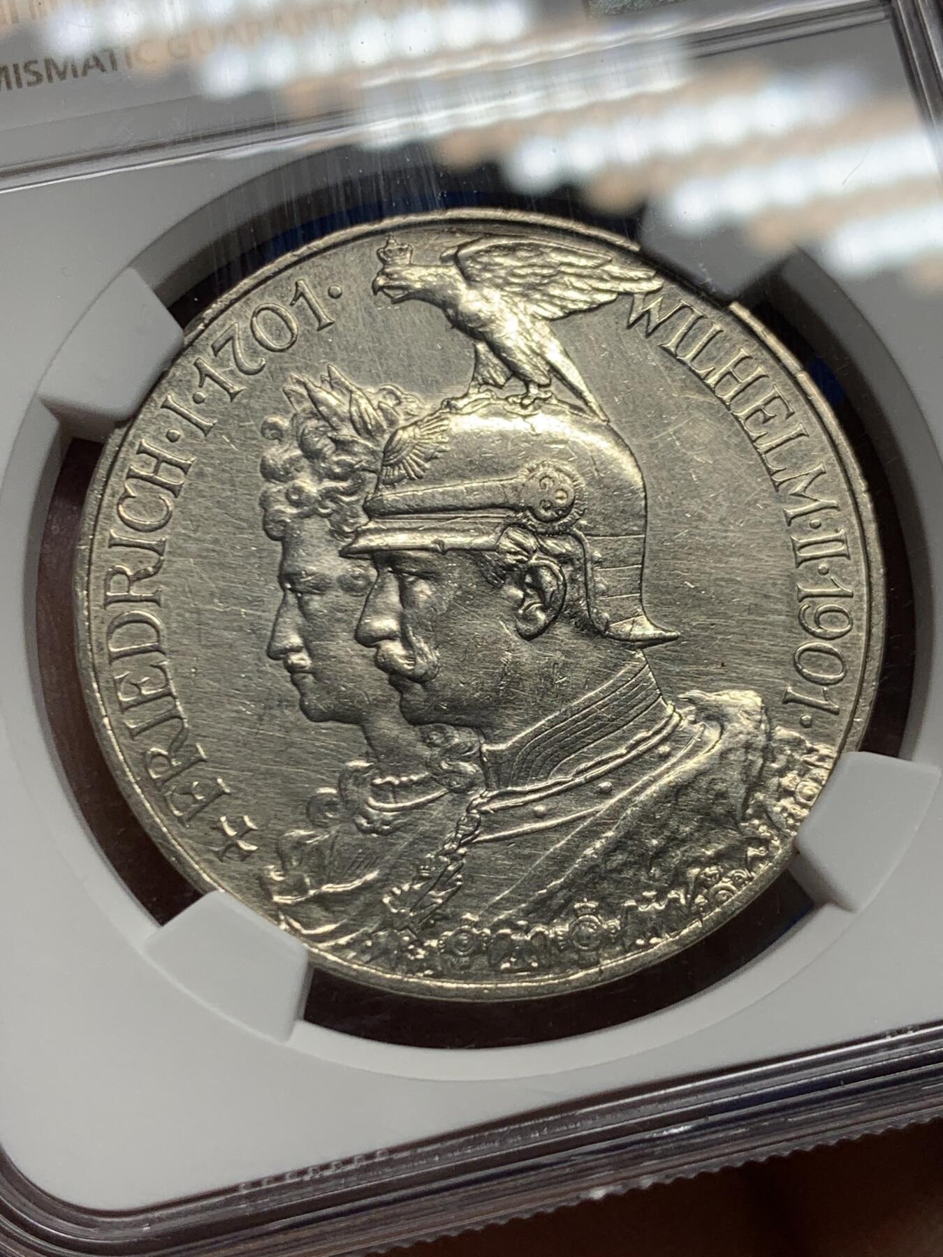 《竞宝斋》第445场 周日，周一，2场连拍 （全场包邮） NGC AUD 德国1901年普鲁士建国200周年5马克银币