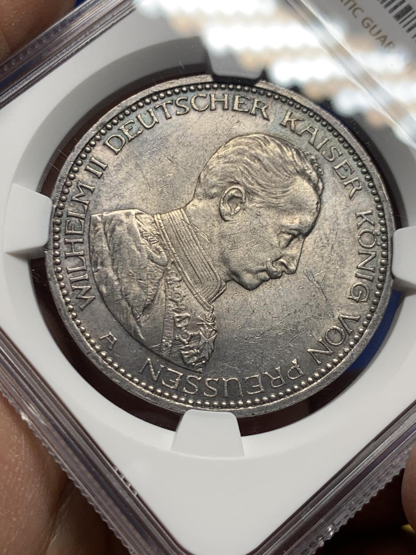 《竞宝斋》第445场 周日，周一，2场连拍 （全场包邮） NGC MS61 德国1914年普鲁士威廉二世军装5马克银币