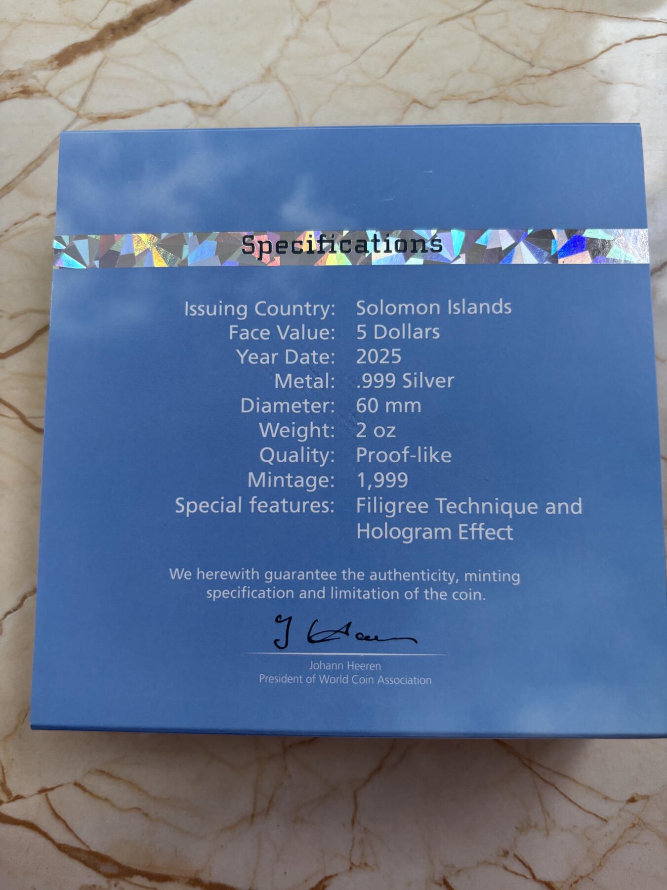 第185期拍卖 所罗门2025年美国鹰2盎司掐丝幻彩精制纪念银币，999银，发行1999枚