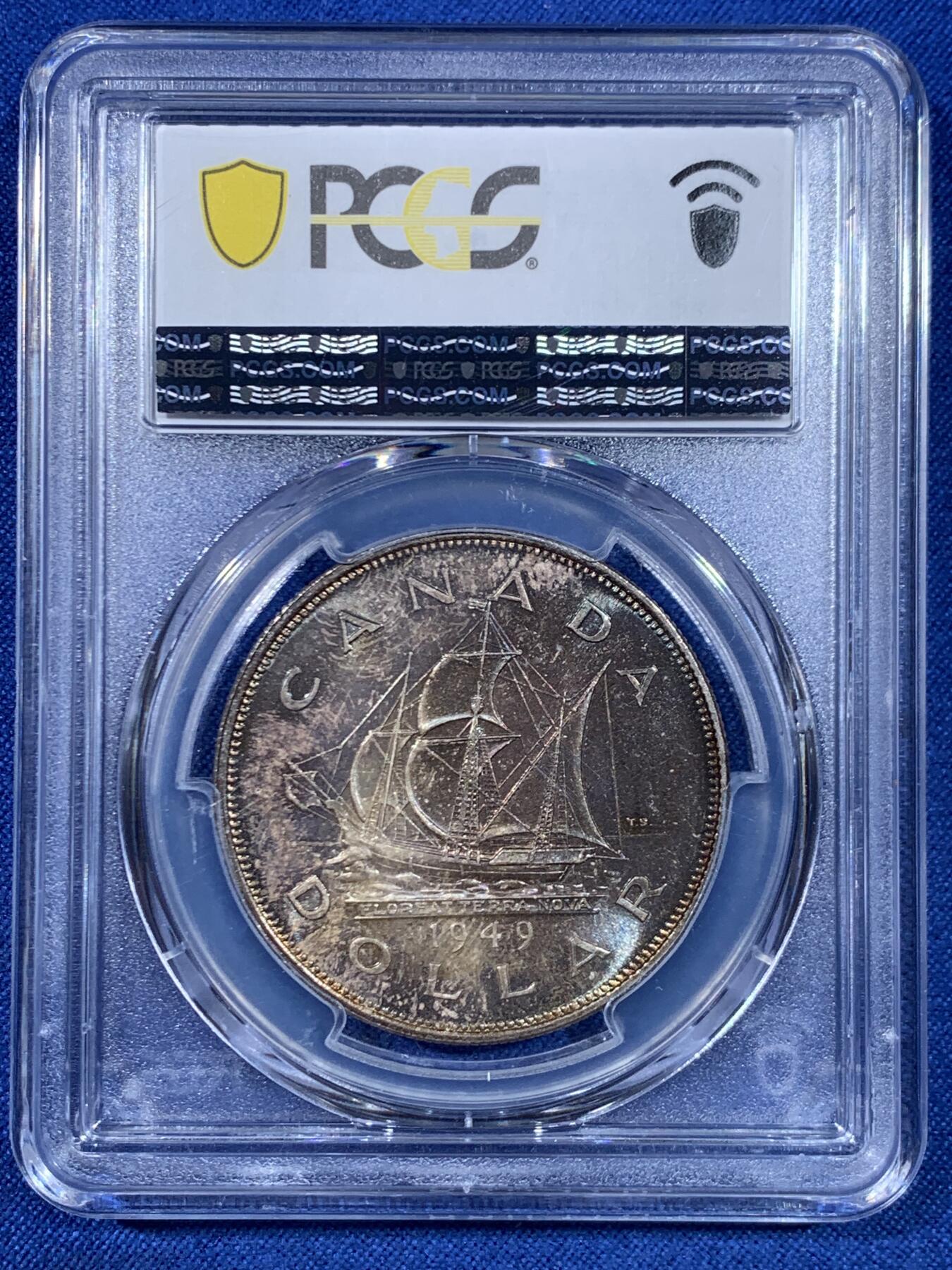 《竞宝斋》第445场 周日，周一，2场连拍 （全场包邮） PCGS MS64 加拿大1949年乔治六世帆船1元银币 炫丽五彩包浆