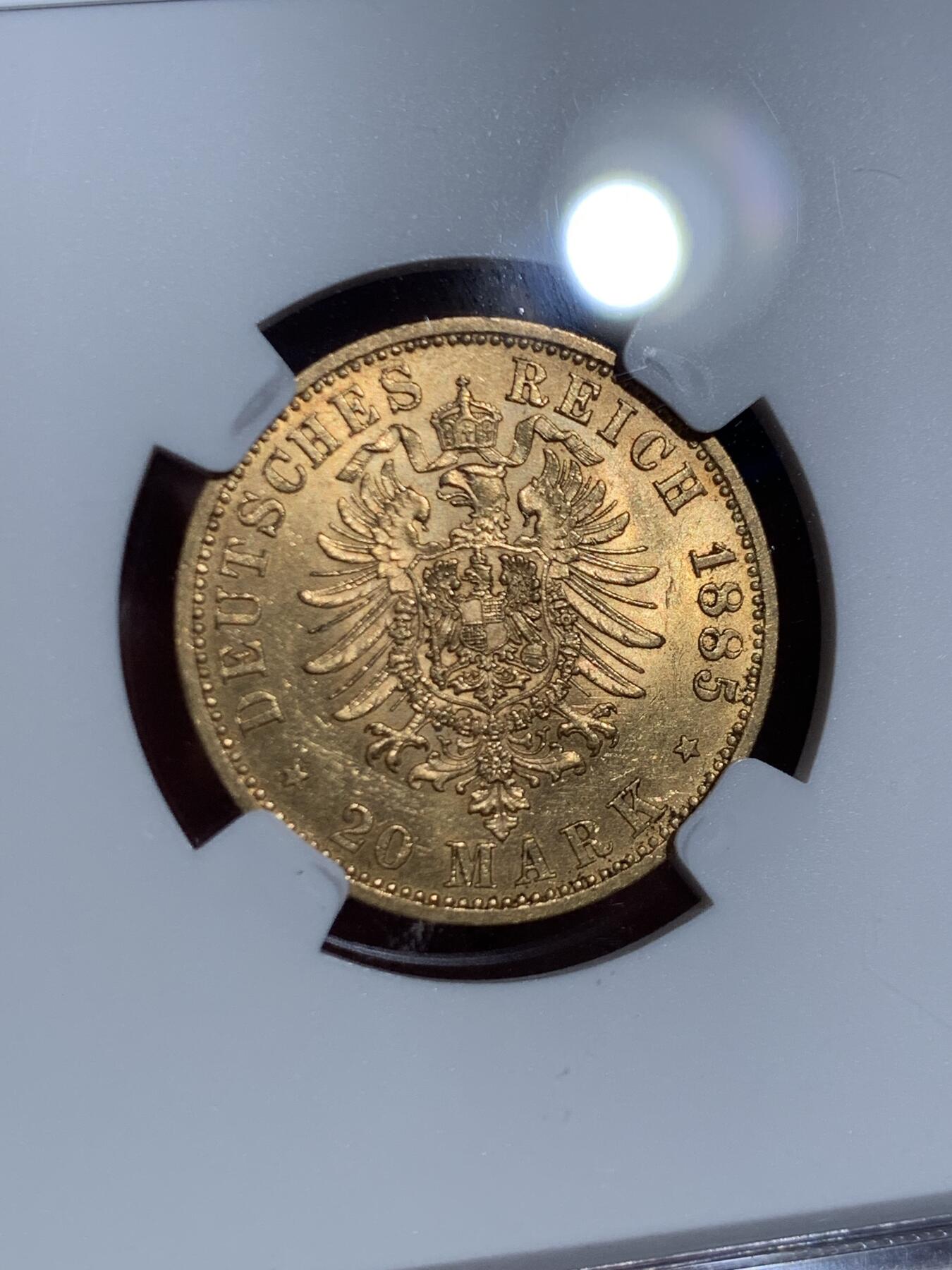 《竞宝斋》第445场 周日，周一，2场连拍 （全场包邮） NGC MS62 德国普鲁士1885年A威廉一世20马克金币 900金 7.96克