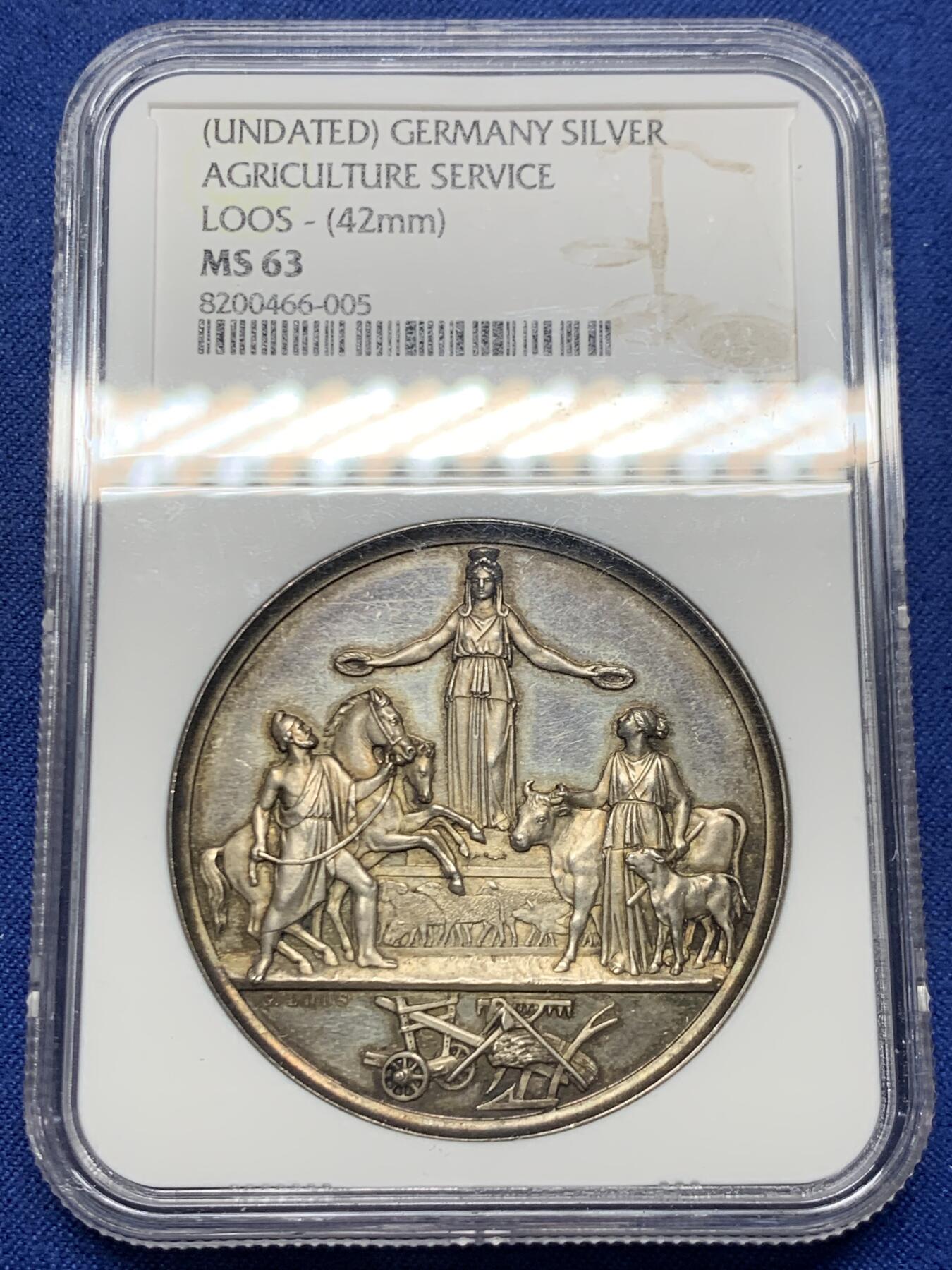《竞宝斋》第445场 周日，周一，2场连拍 （全场包邮） NGC MS63 德国19世纪农业服务银章 LOOS作品 42mm 极美细节