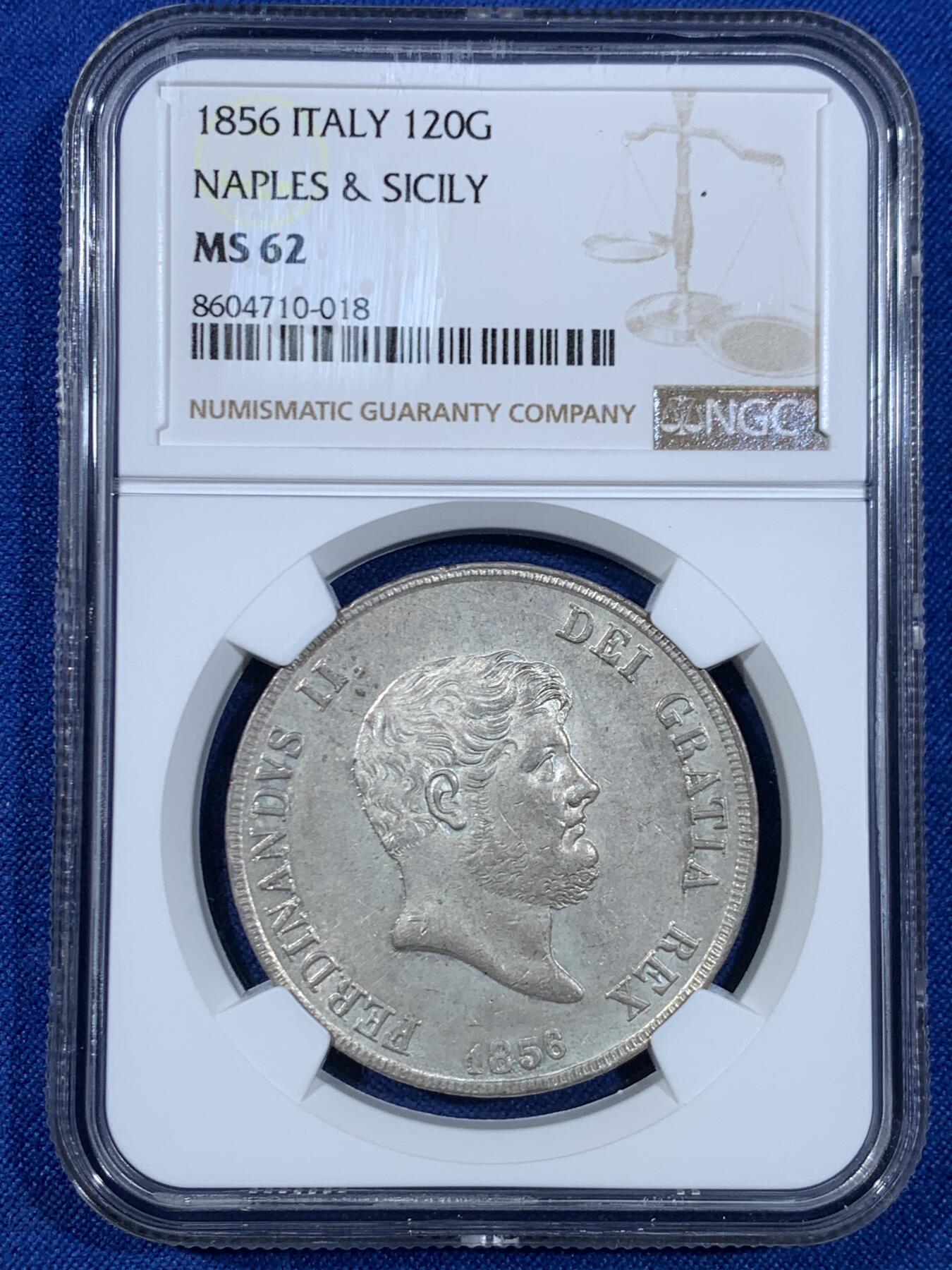 《竞宝斋》第445场 周日，周一，2场连拍 （全场包邮） NGC MS62 意大利1856年 那不勒斯西西里120G大银币 底光充沛 未见明显的减重痕迹 确实难得