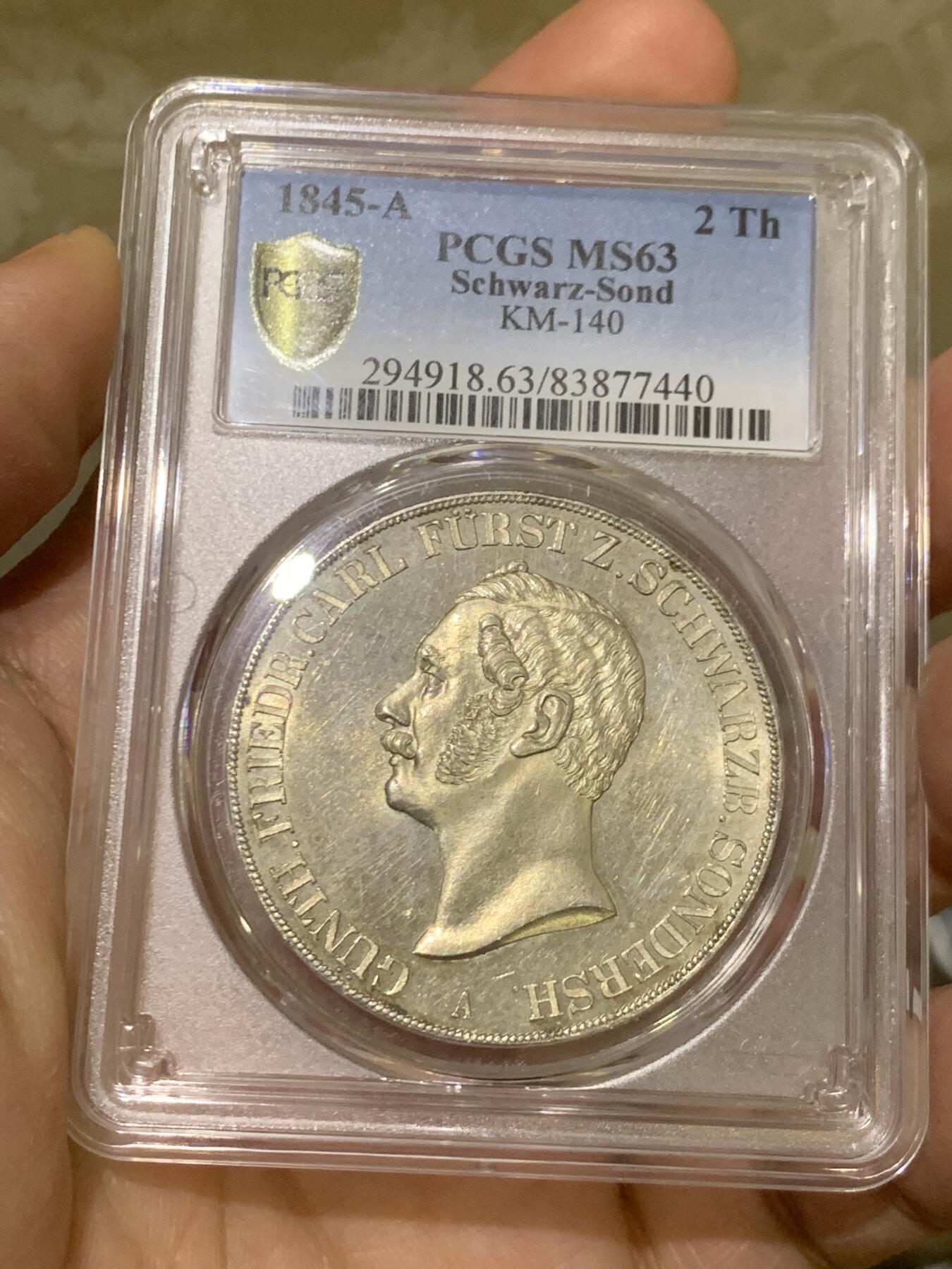 《竞宝斋》第445场 周日，周一，2场连拍 （全场包邮） PCGS MS63 德国施瓦茨堡1845年弗里德里希·卡尔二世2泰勒大银币 亚军分 更高分仅一枚